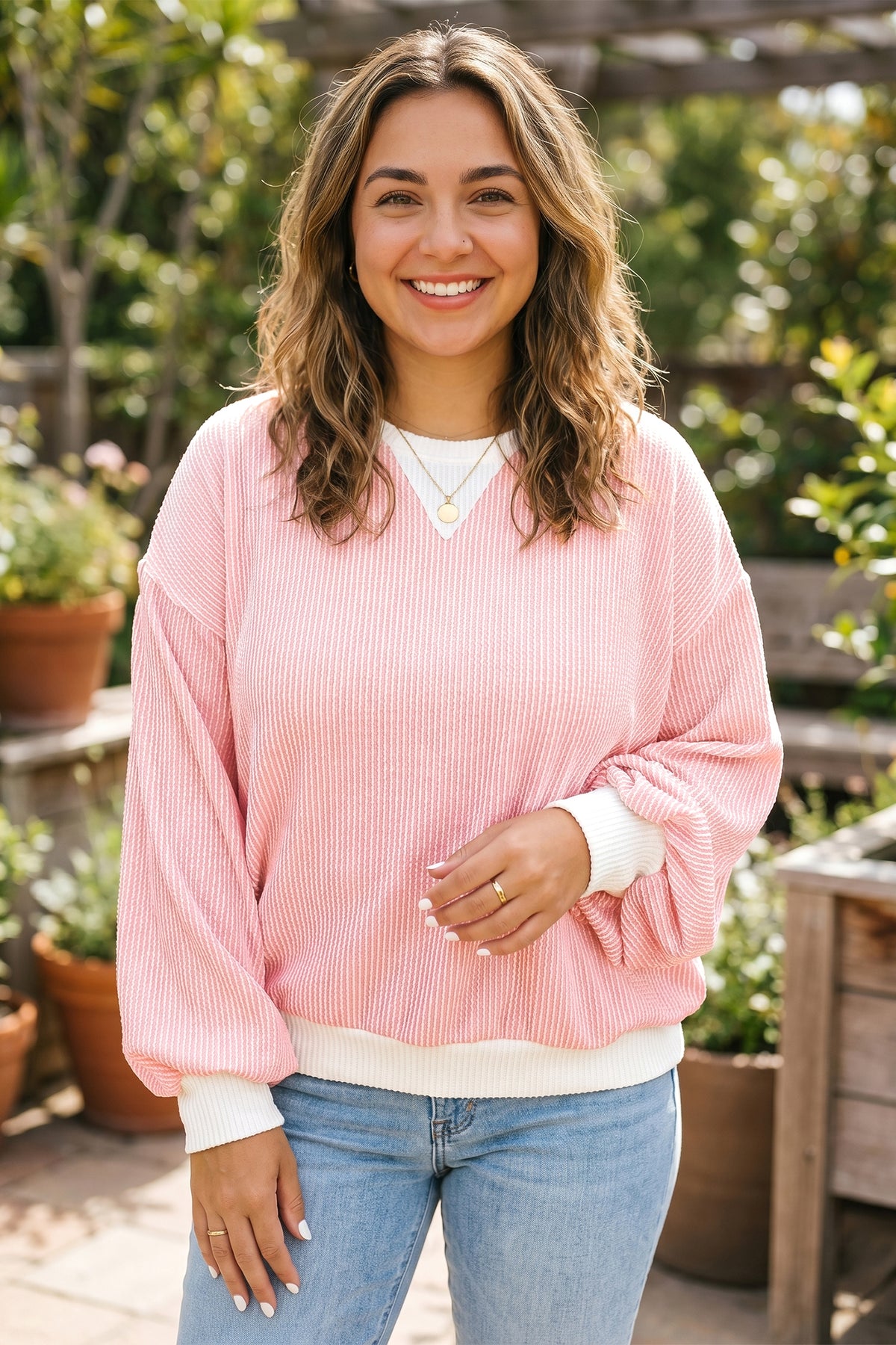 Pink Ribbed Knit Color-Block Long-Sleeve Round-Neck Plus Size Blouse