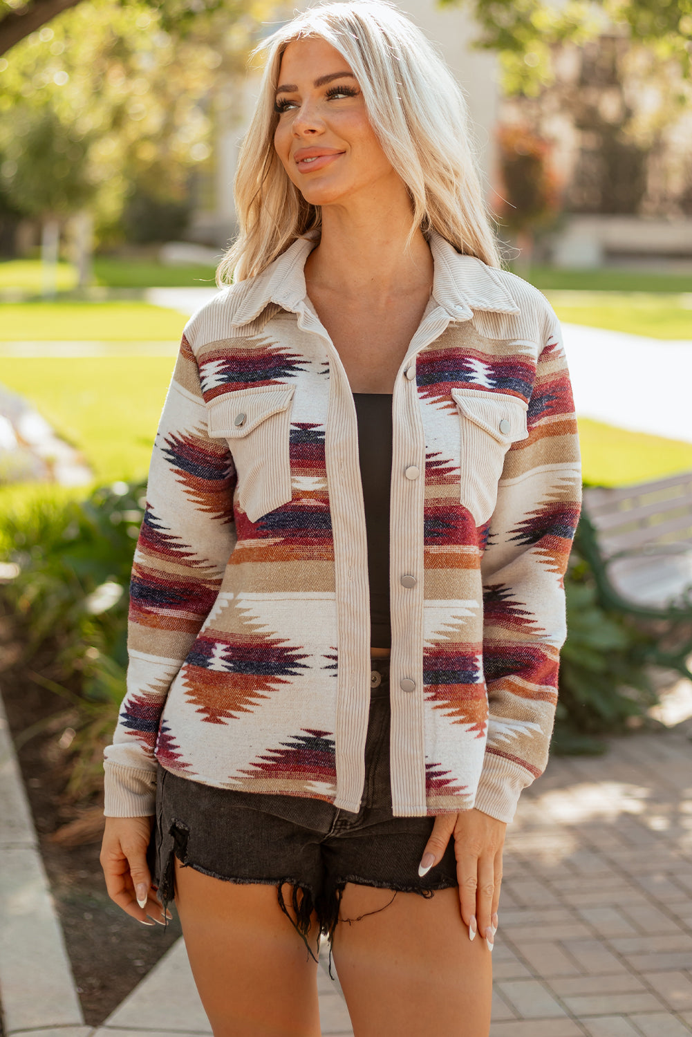 Multicolour Western Aztec Ribbed Double Flap Pocket Raw Hem Shacket