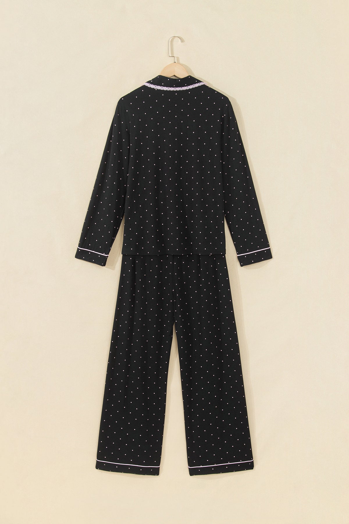 Black Polka Dot Long Sleeve Shirt Lace Detail Pajama Pants Set
