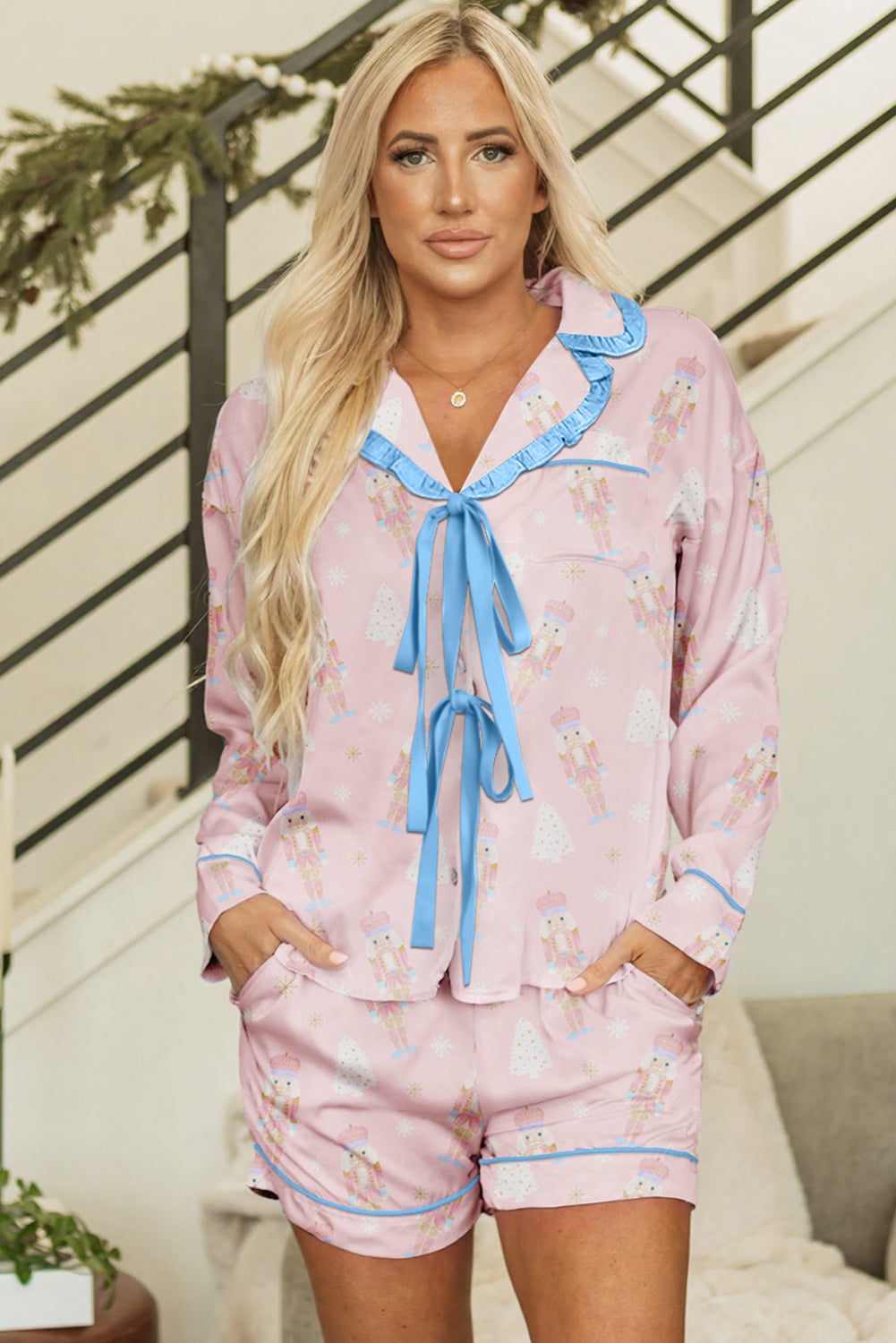 Pink Nutcracker Bow Tie Front Long Sleeve Shirt and Shorts Pajama Set