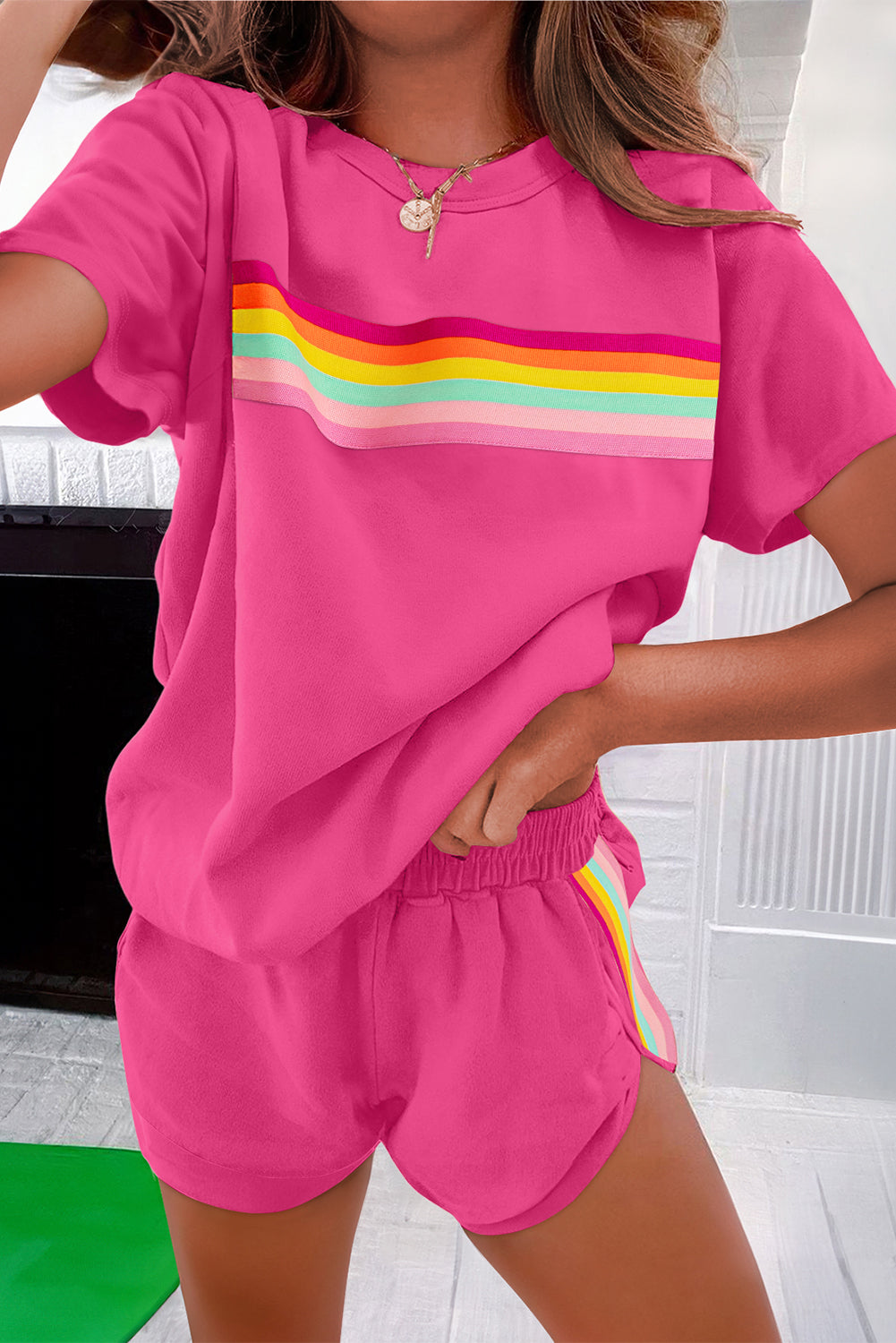Women's Beige Vibrant Striped Detail Athleisure Two-Piece Shorts Set