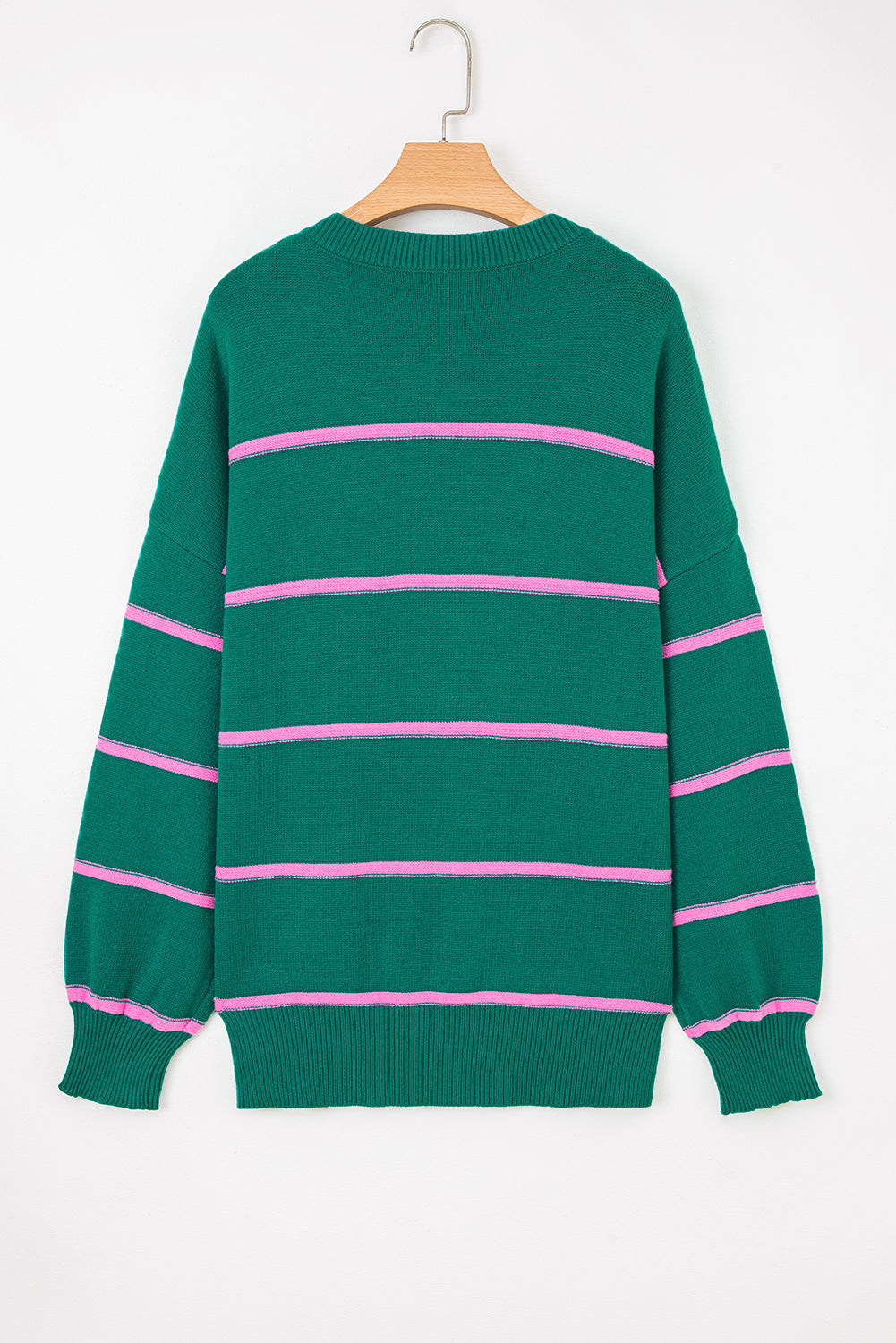 Green Stripe Half Buttons Drop-Shoulder Plus Size Sweater