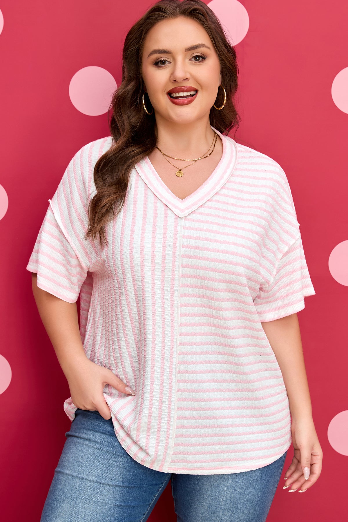Pink Stripe Plus Size V-Neck Exposed Seam Patchwork T-Shirt
