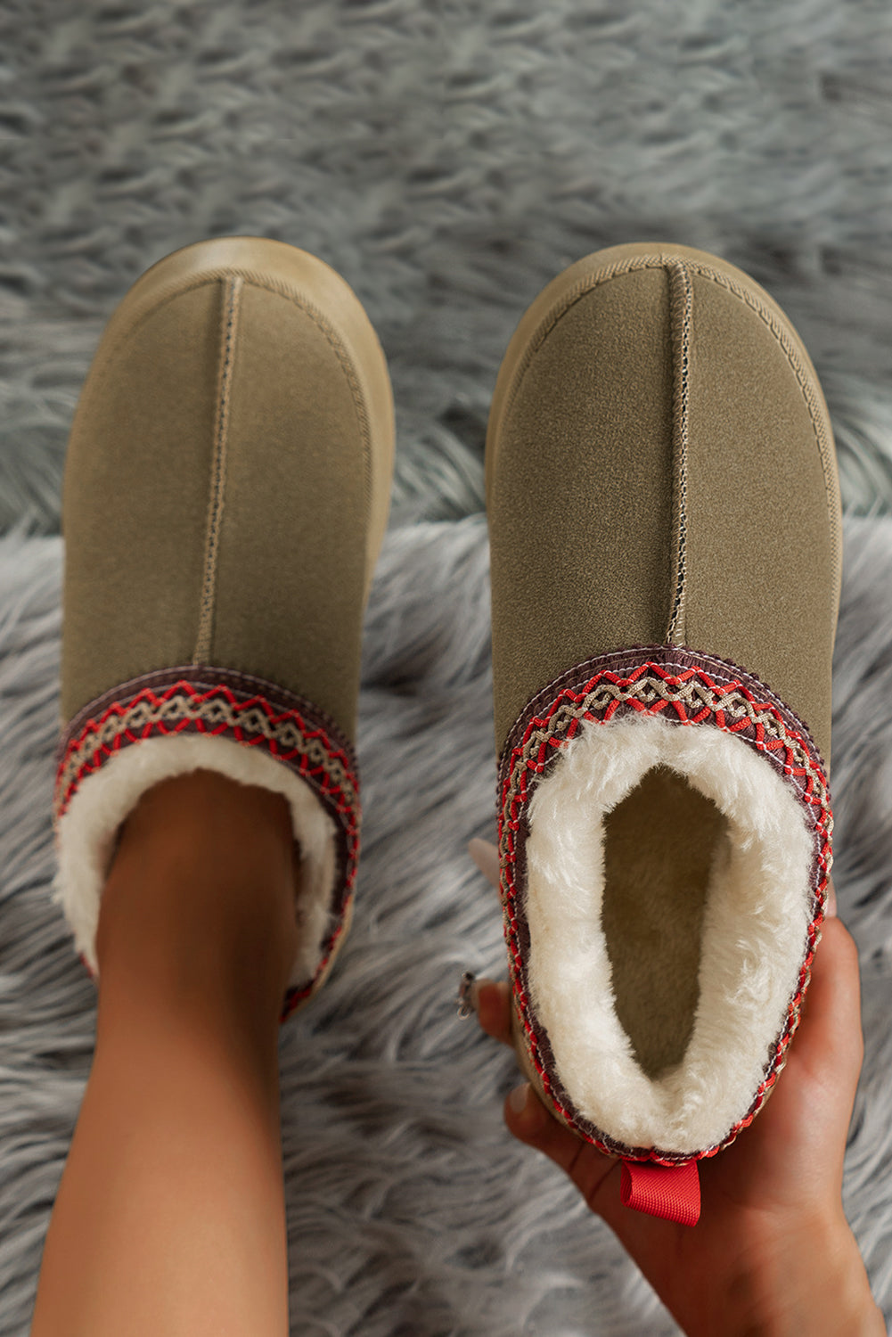 Chestnut Faux Suede Embroidered Plush Lined Platform Slippers