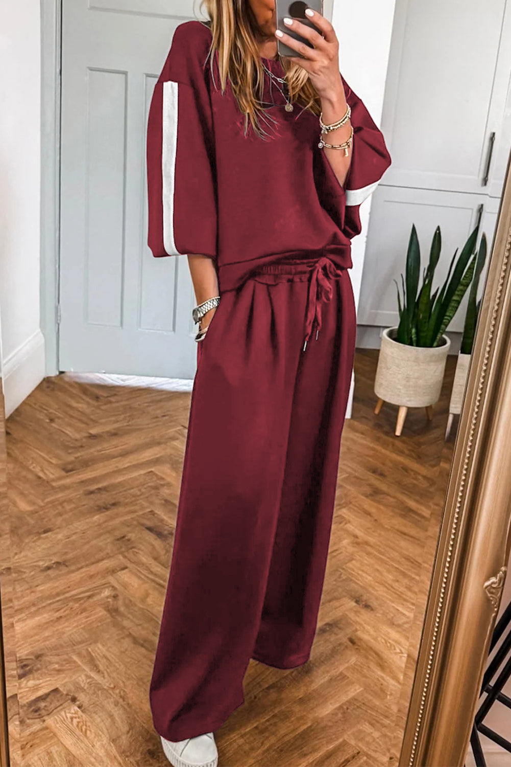 Women's Burgundy Varsity Striped Long-Sleeve Pullover Sweatpants Set