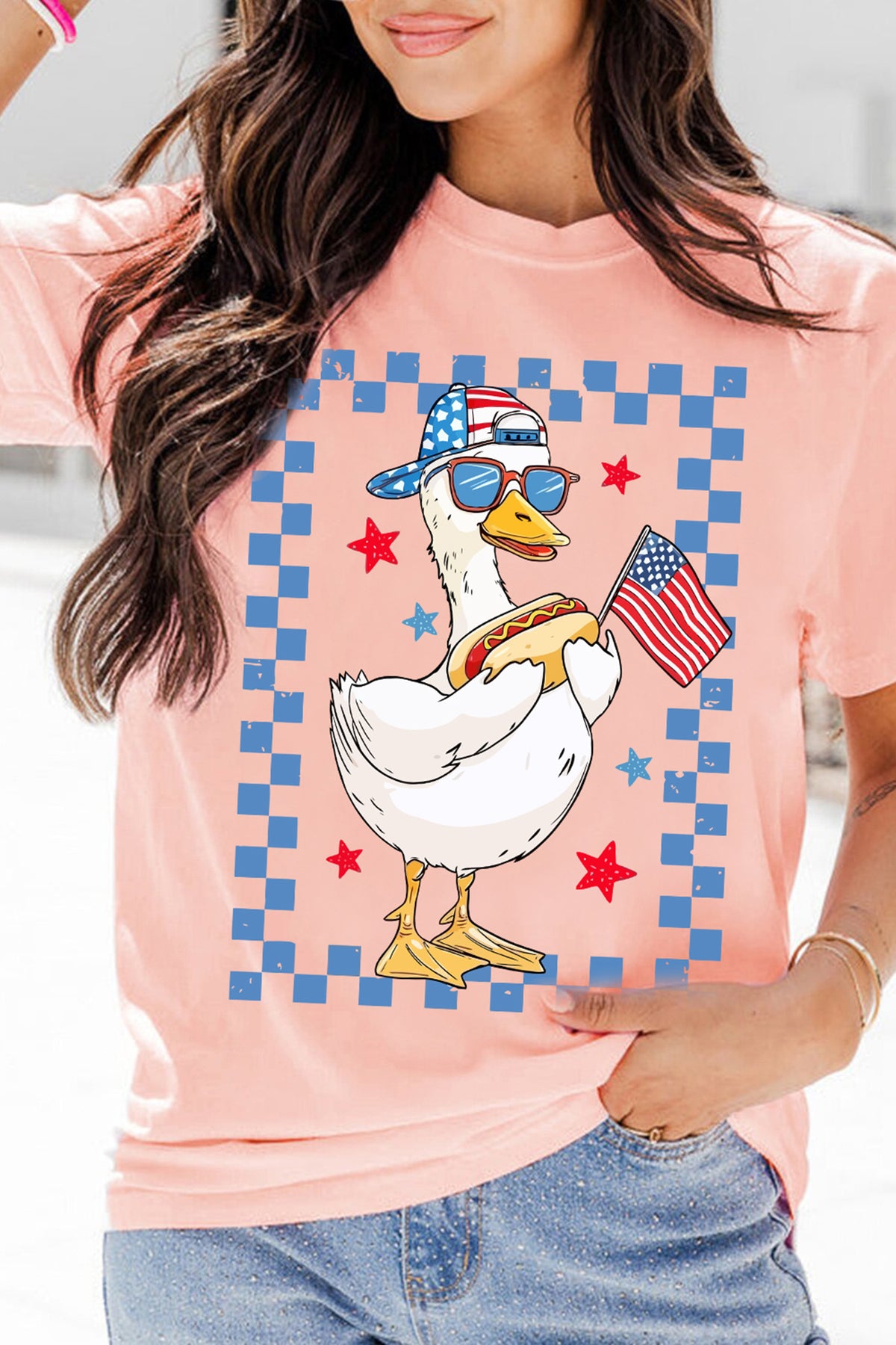 Pink America Goose 4th Of July Patriotic Flag Graphic T-Shirt