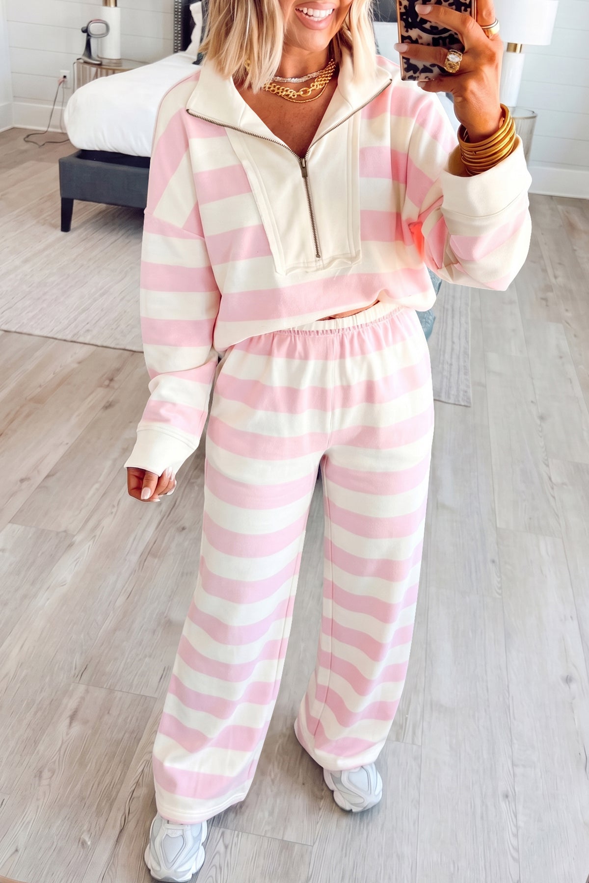Women's Pink Stripe Color Block Patchwork Zip Long-Sleeve Top Pants Set