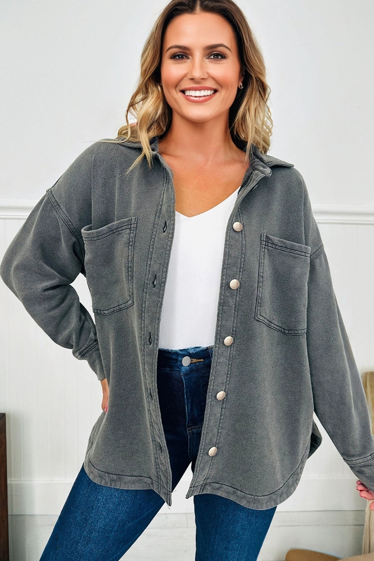 Medium Grey Mineral Wash Chest Pockets Shacket with Side Slit