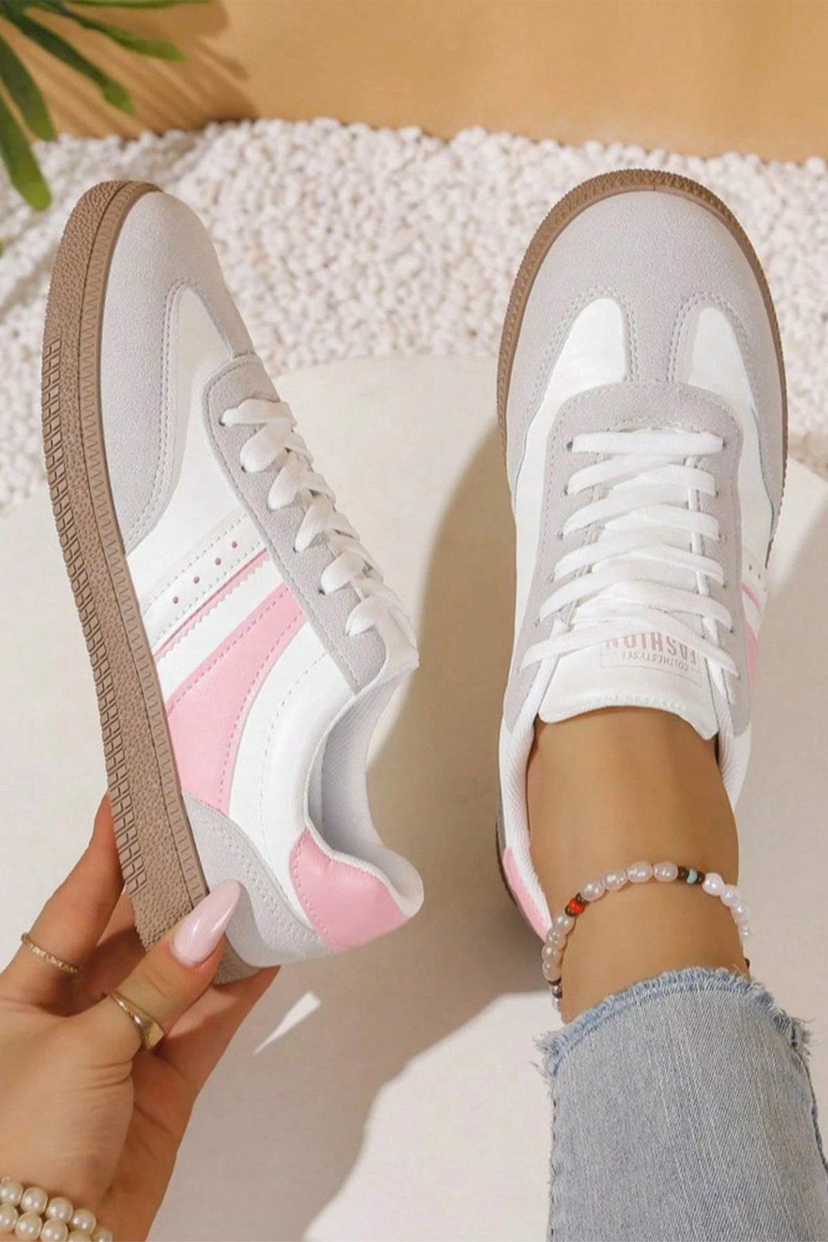 Pink Fashionable Patchwork Lace-Up Low-Top Casual Flat Sneakers