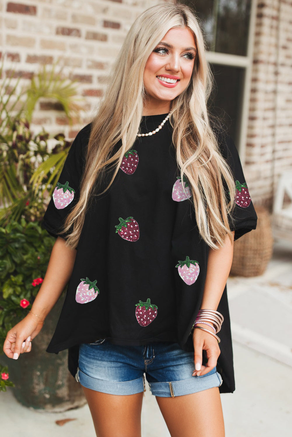 Black Sequin Strawberry Graphic High Low Relaxed Fit Tee
