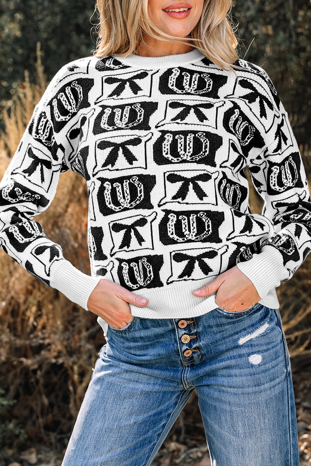 Black Bows & Horseshoes Pattern Western Print Sweater