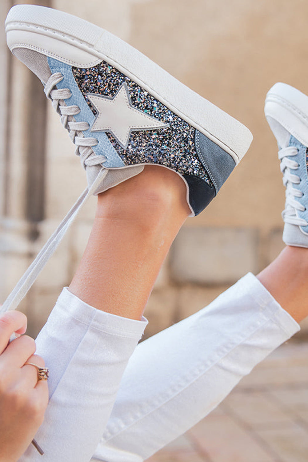 Silver Star Glitter Patchwork Lace-up Sneakers