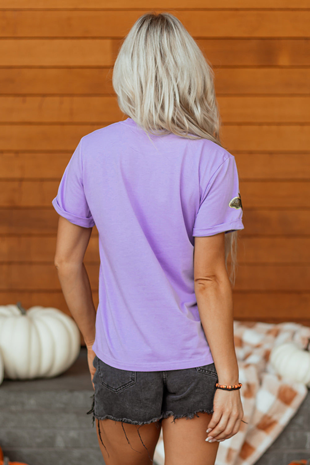 Wisteria Sequin Halloween Bat Patched Casual T-Shirt