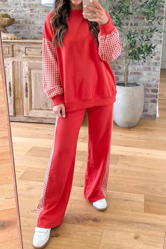 Fiery Red Plaid Contrast Long Sleeve Top and Wide Leg Pants Set