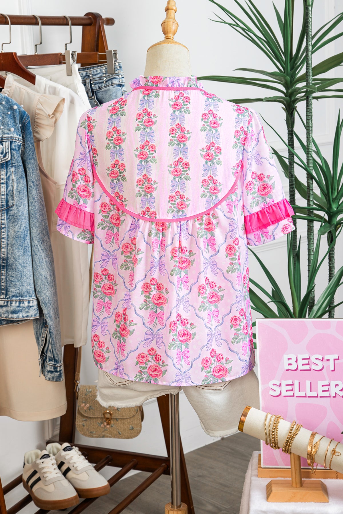 Purple Coquette Floral Bow Contrast Ruffled Short Sleeve Blouse