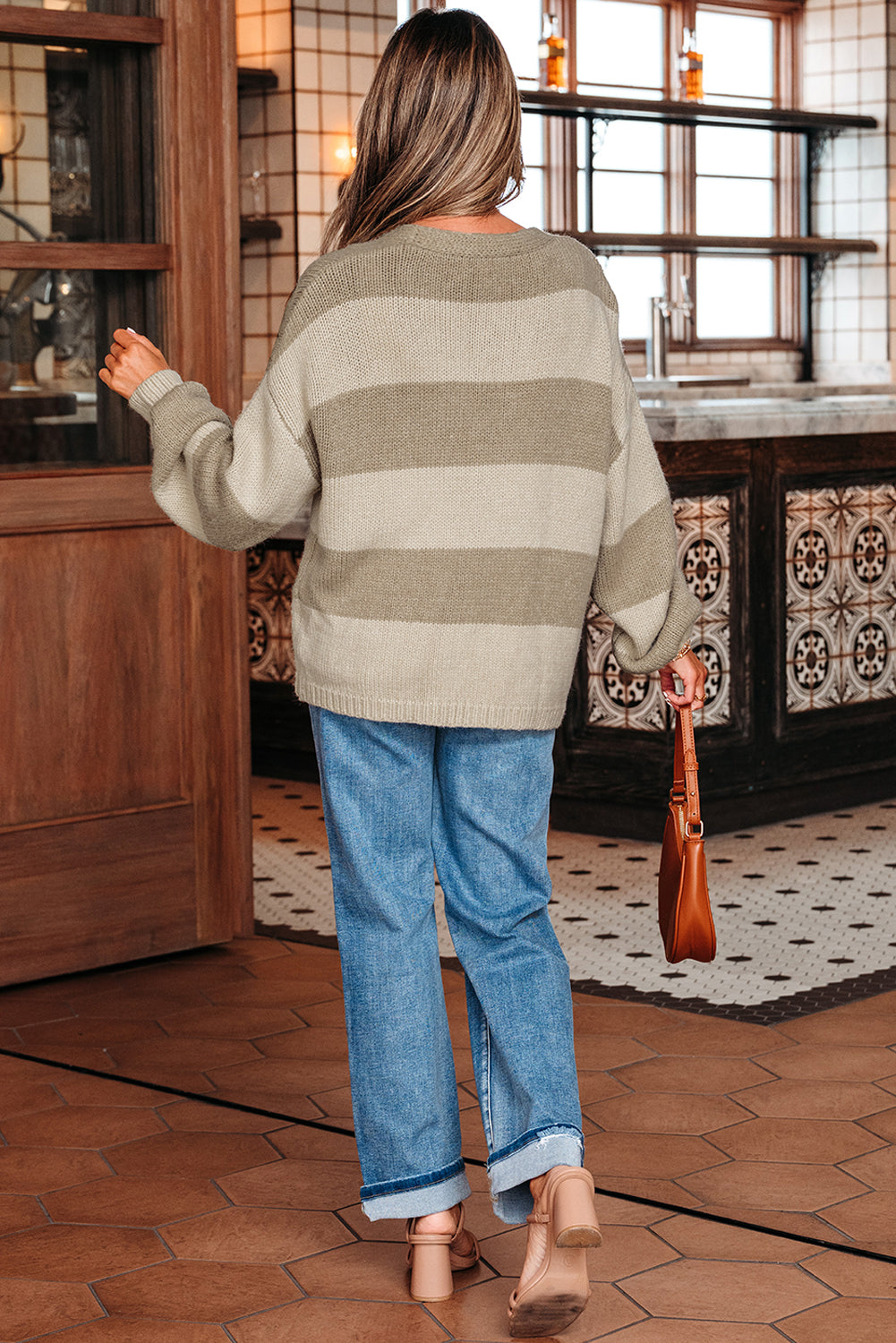 Khaki Striped Color Block Brushed Knit Bow Tie Front Sweater Cardigan