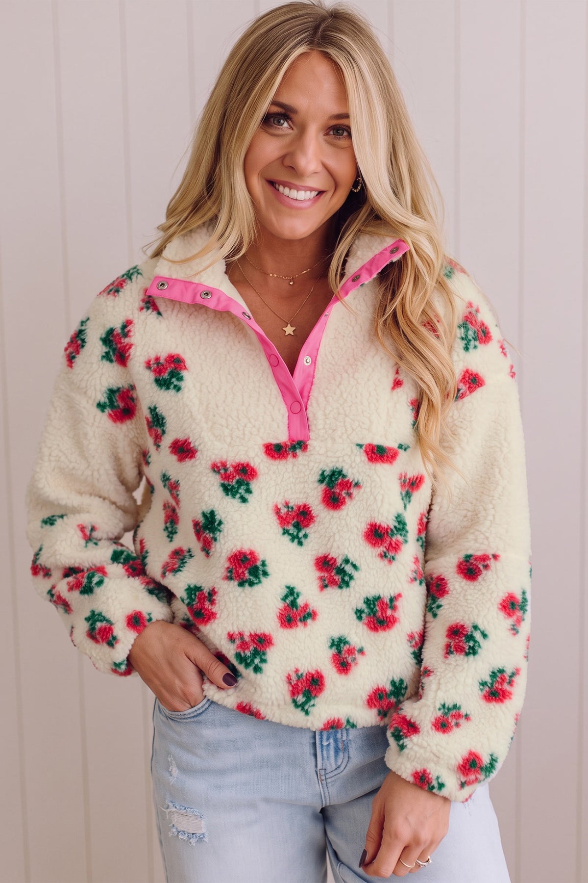 White Floral Fleece Contrast Trim Button Collar Sweatshirt