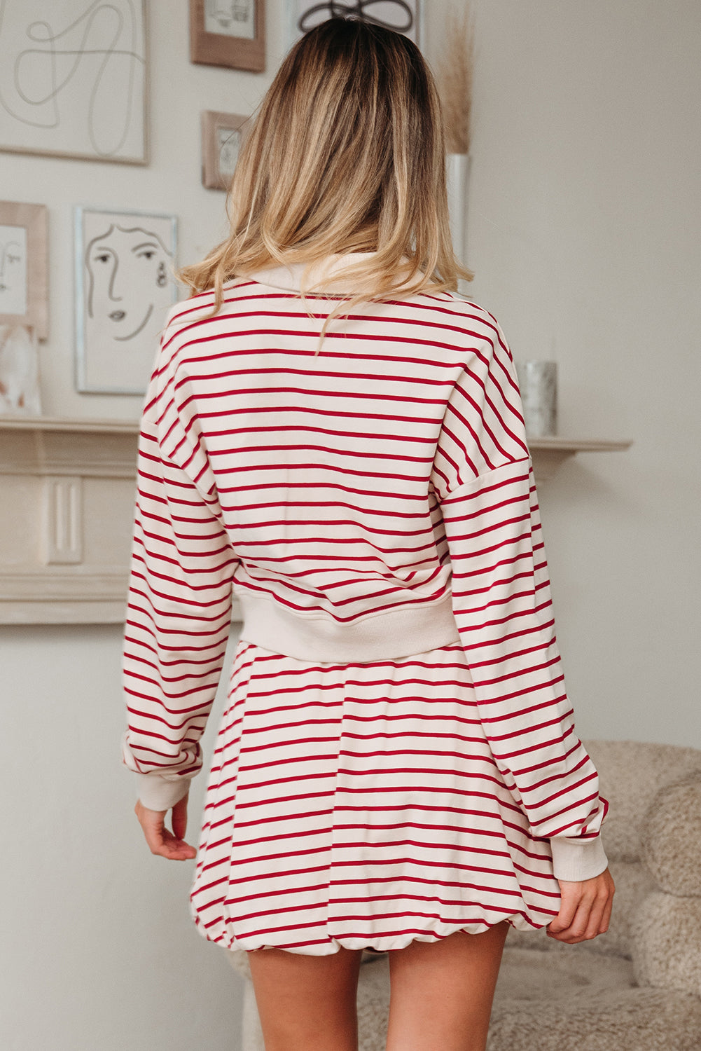 Women's Red Stripe Cropped Collared Drop Shoulder Pullover and Bubble Mini Skirt Set