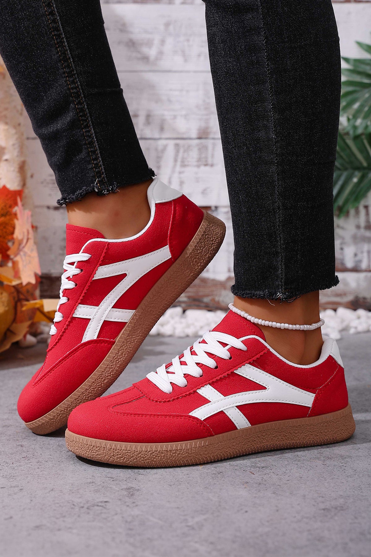 Racing Red Faux Suede Patchwork Lace-Up Sneakers