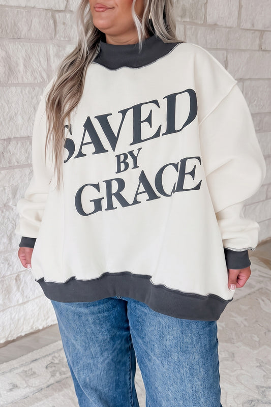 Beige SAVED BY GRACE Letter Print Mock Neck Sweatshirt