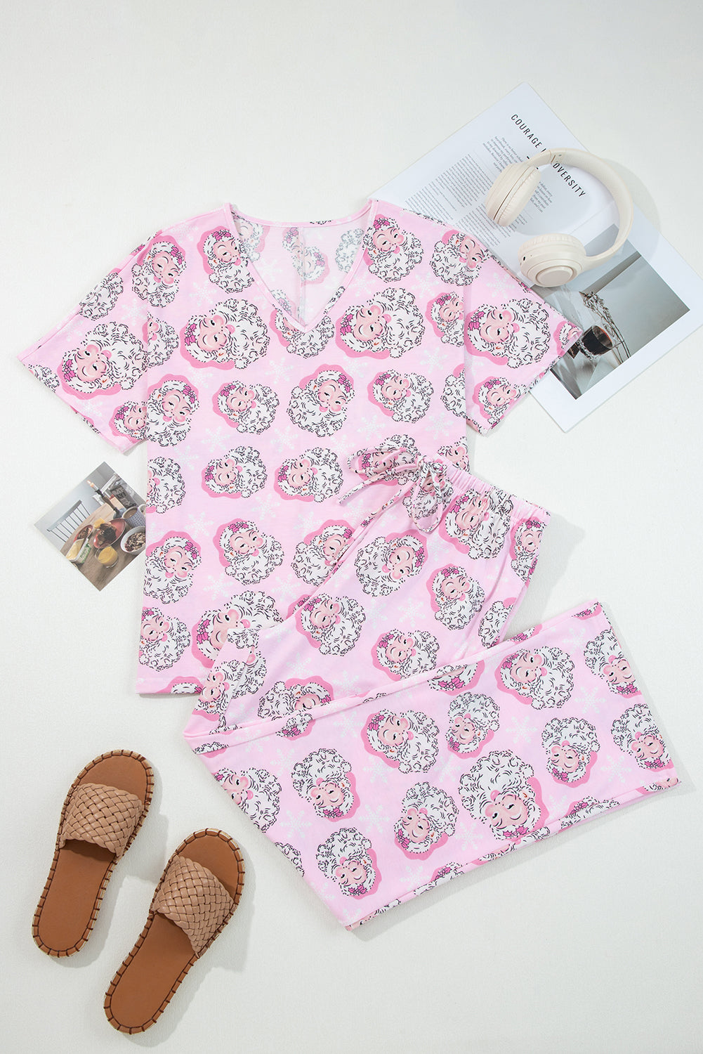 Pink Santa Claus Print V Neck Tee Drawstring Pants Lounge Set