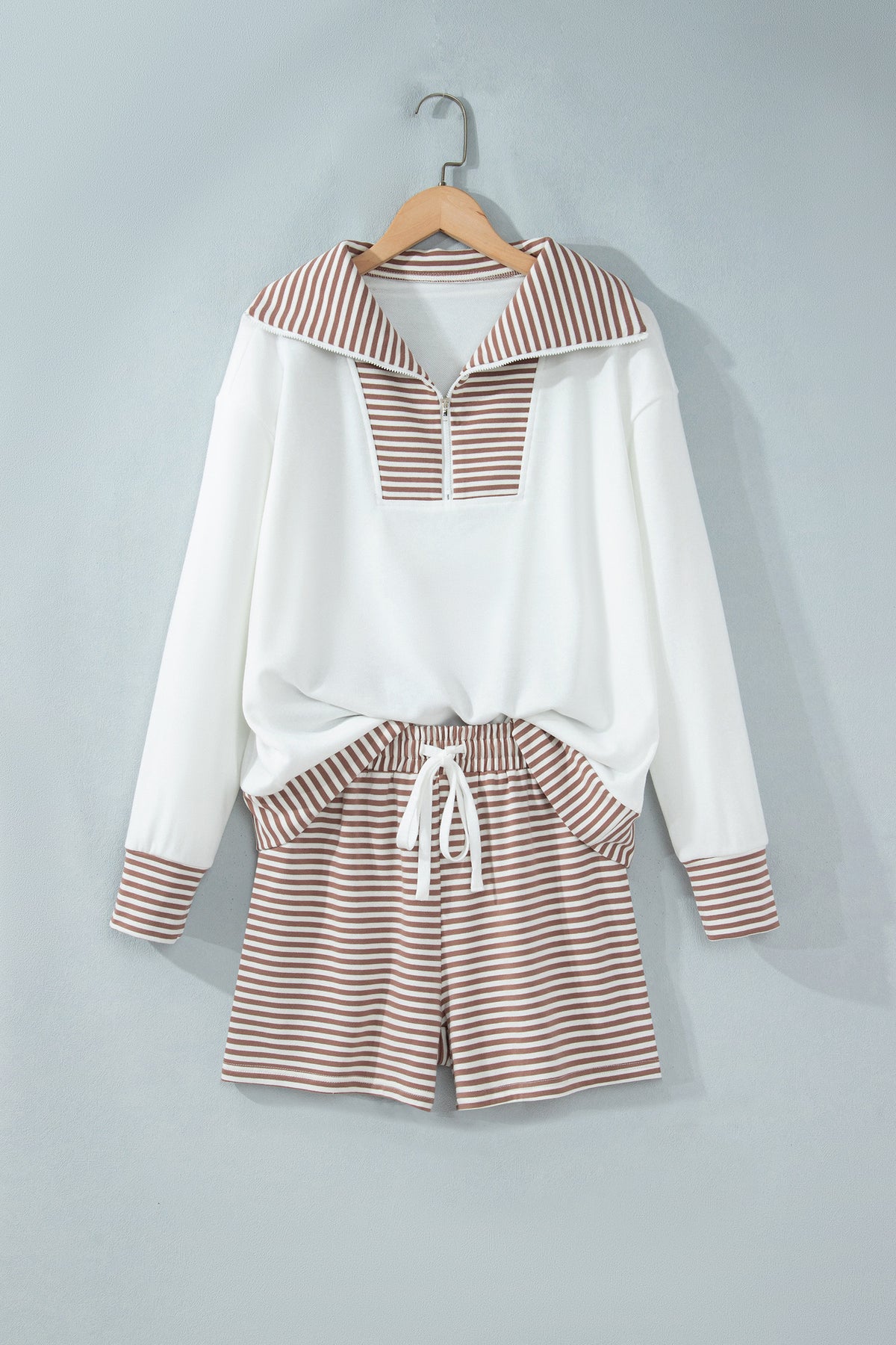 Khaki Stripe Color Block Top and Shorts Set