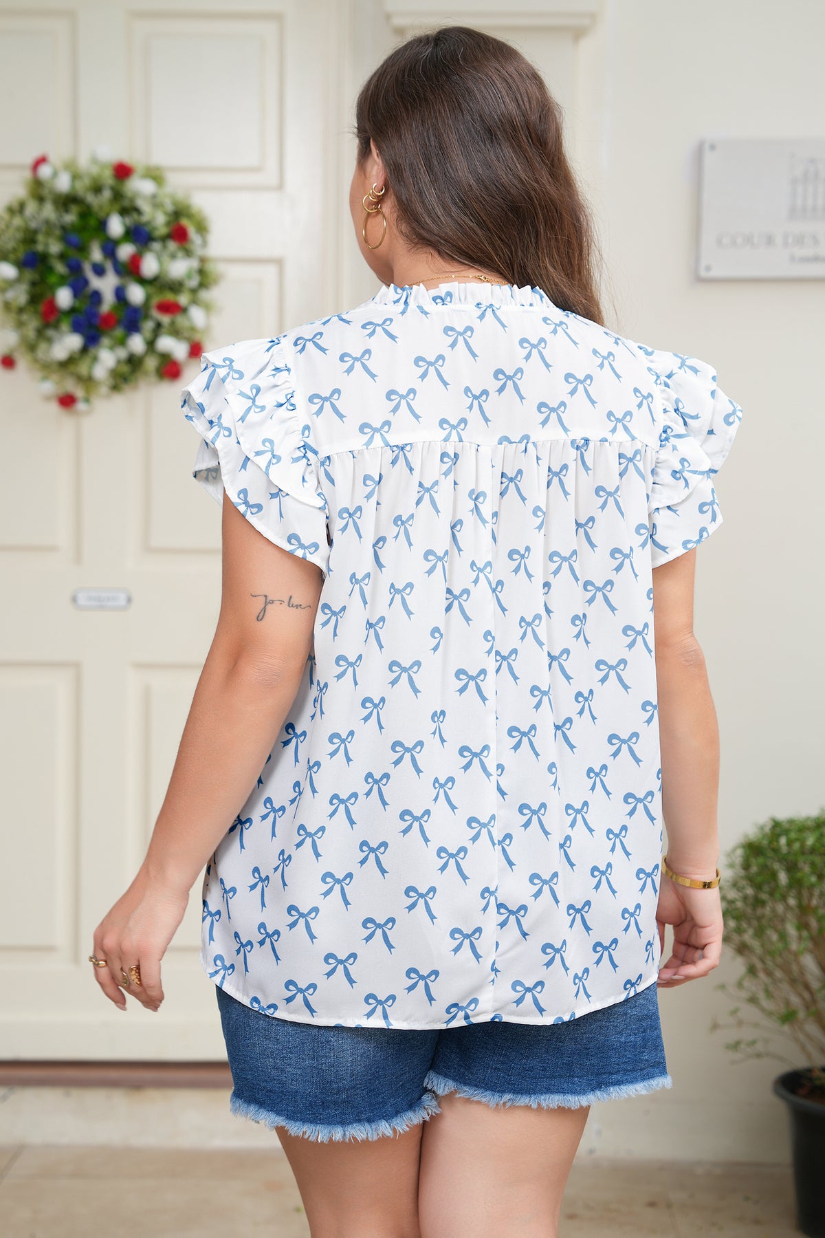 Sky Blue Ruffled Short-Sleeve Plus Size Bow Top