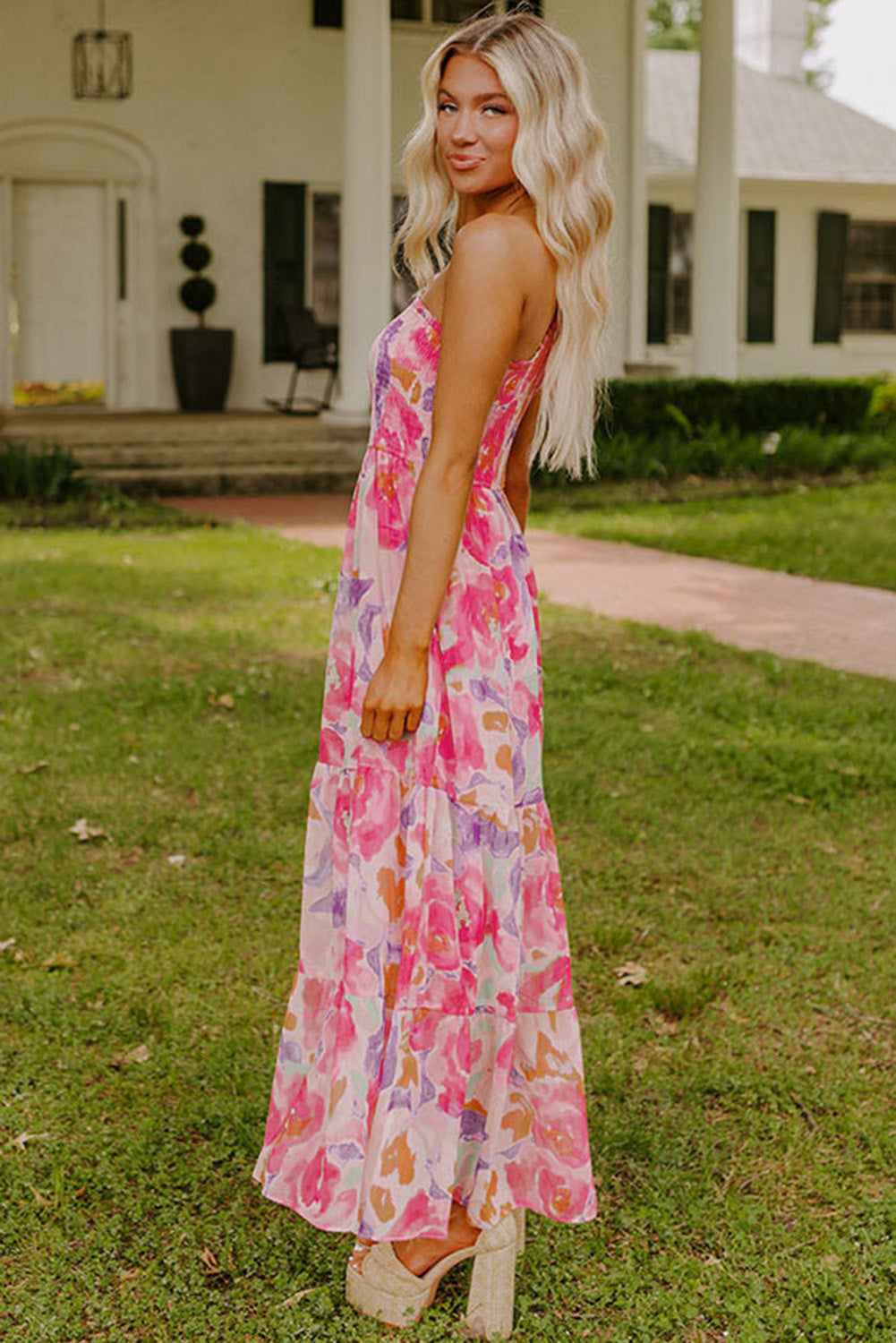 Pink Abstract One-Shoulder Maxi Dress