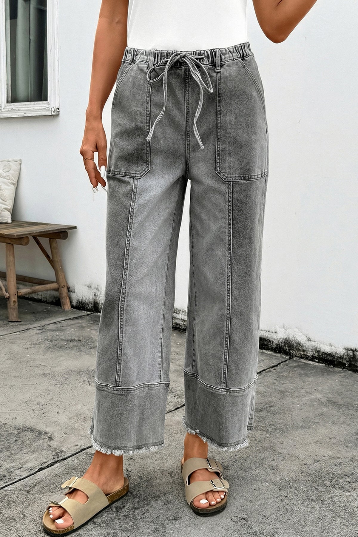 Prussian Blue Drawstring Seam Raw Hem Wide Leg Denim Pants
