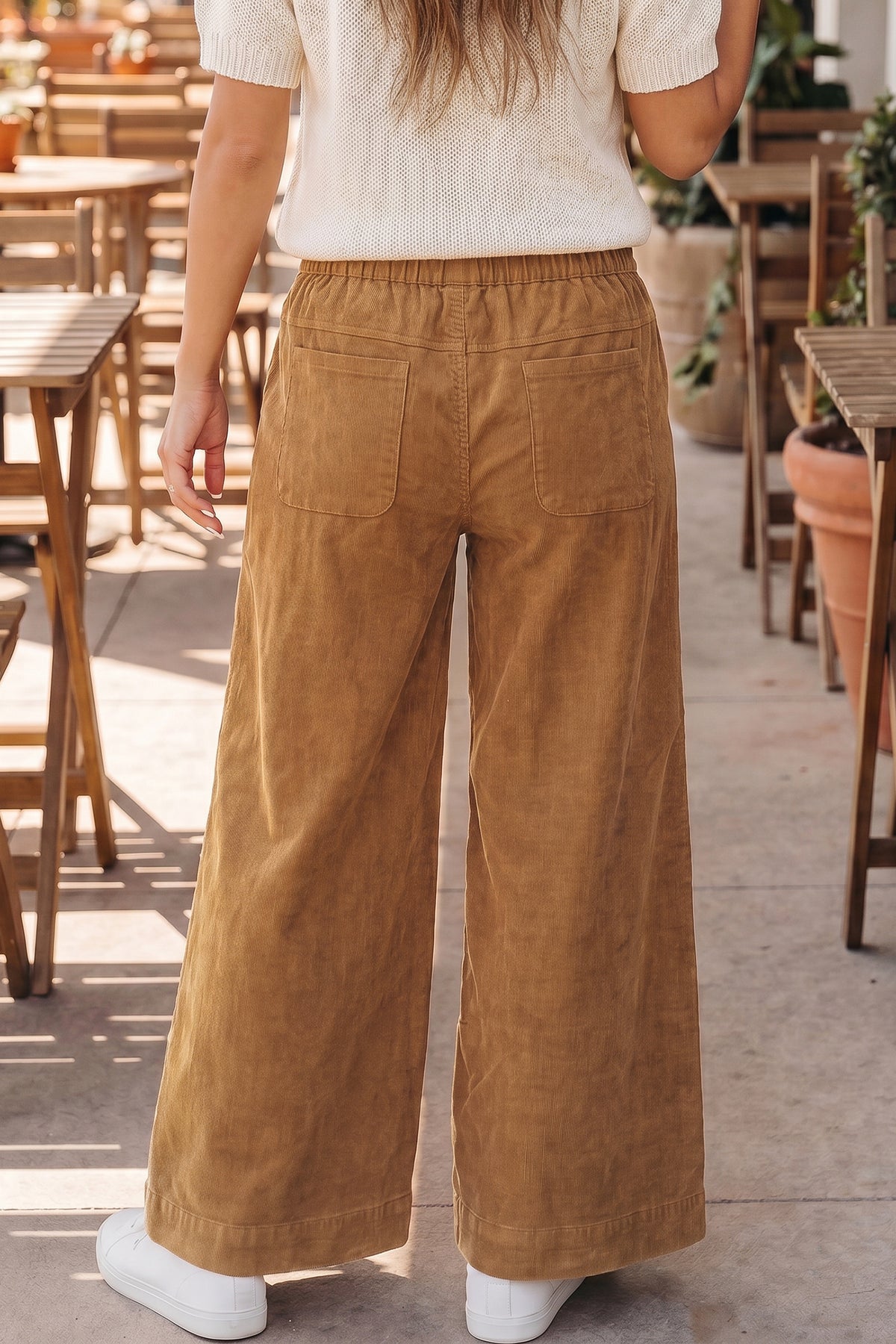 Thai Curry Elastic Waist Wooden Button Placket Ankle Length Wide Pants