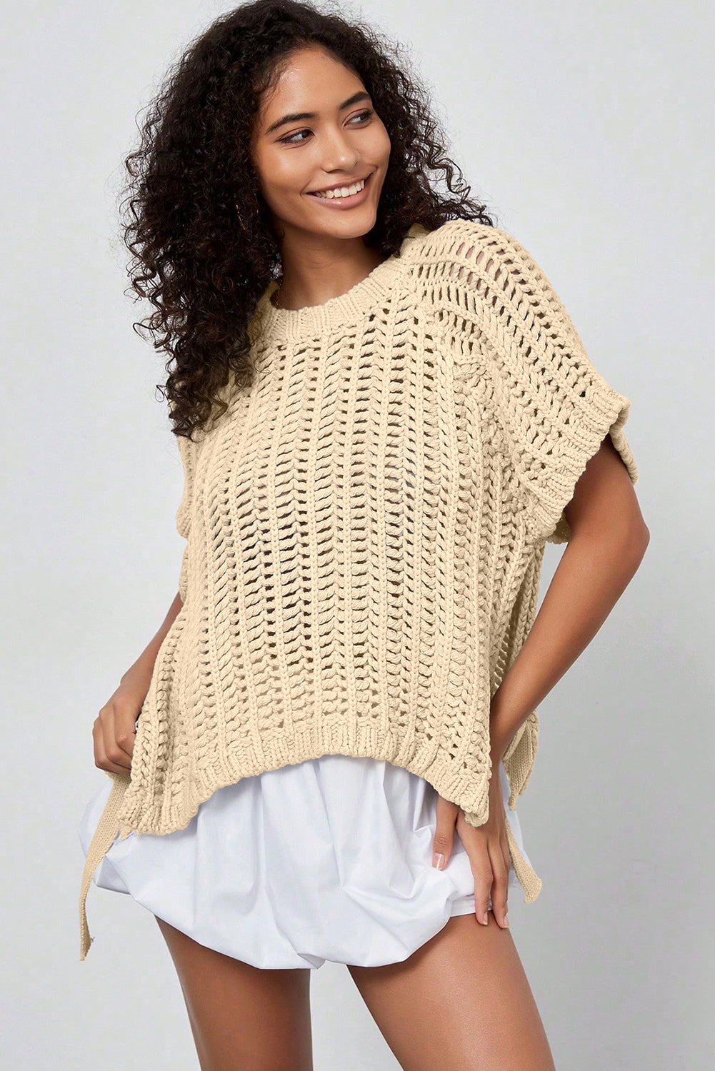 White Plus Size Open Knit Bow Tie Short-Sleeve Sweater