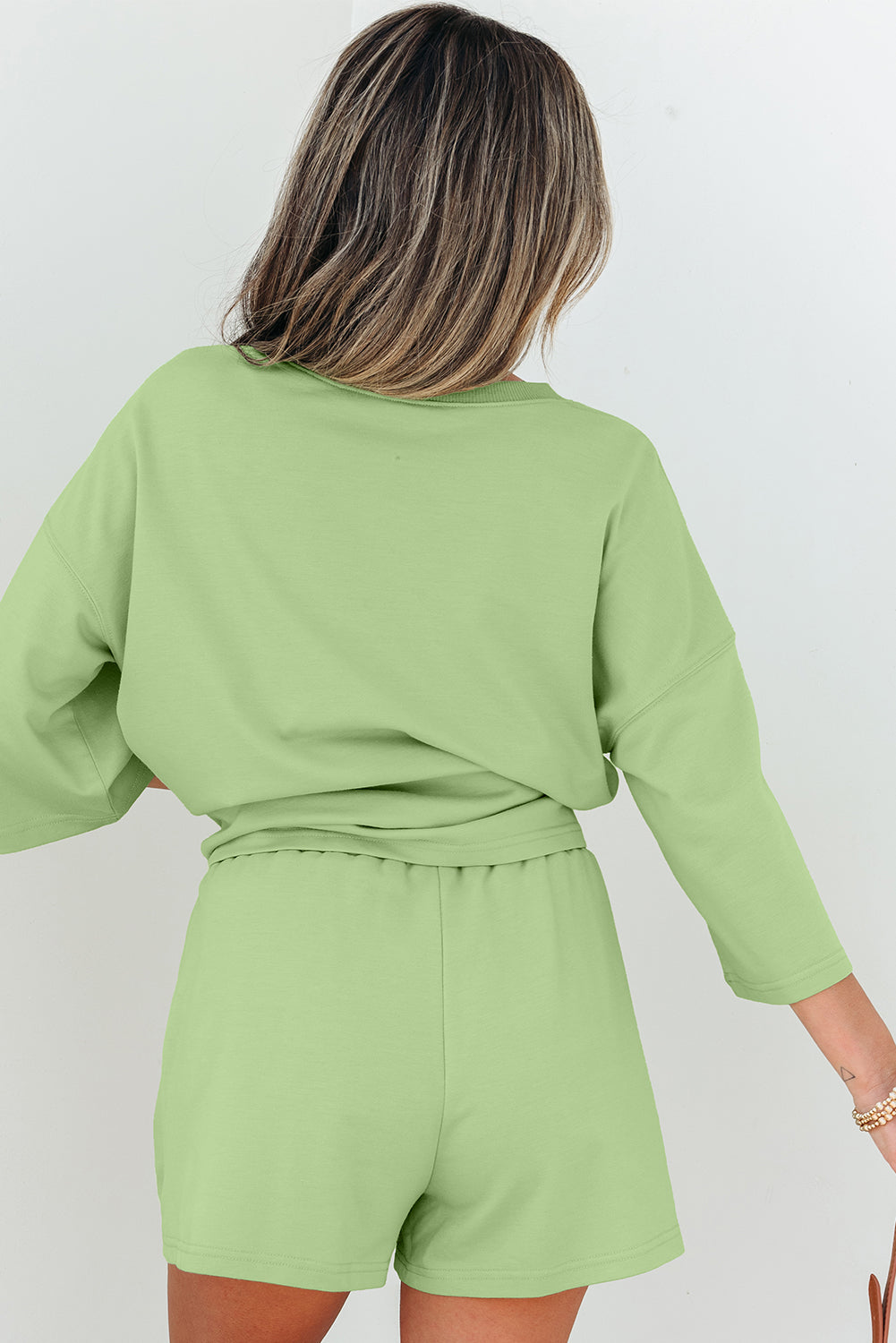 Women's Meadow Mist Green Solid V-Neck Half Sleeve Tee and Shorts Set