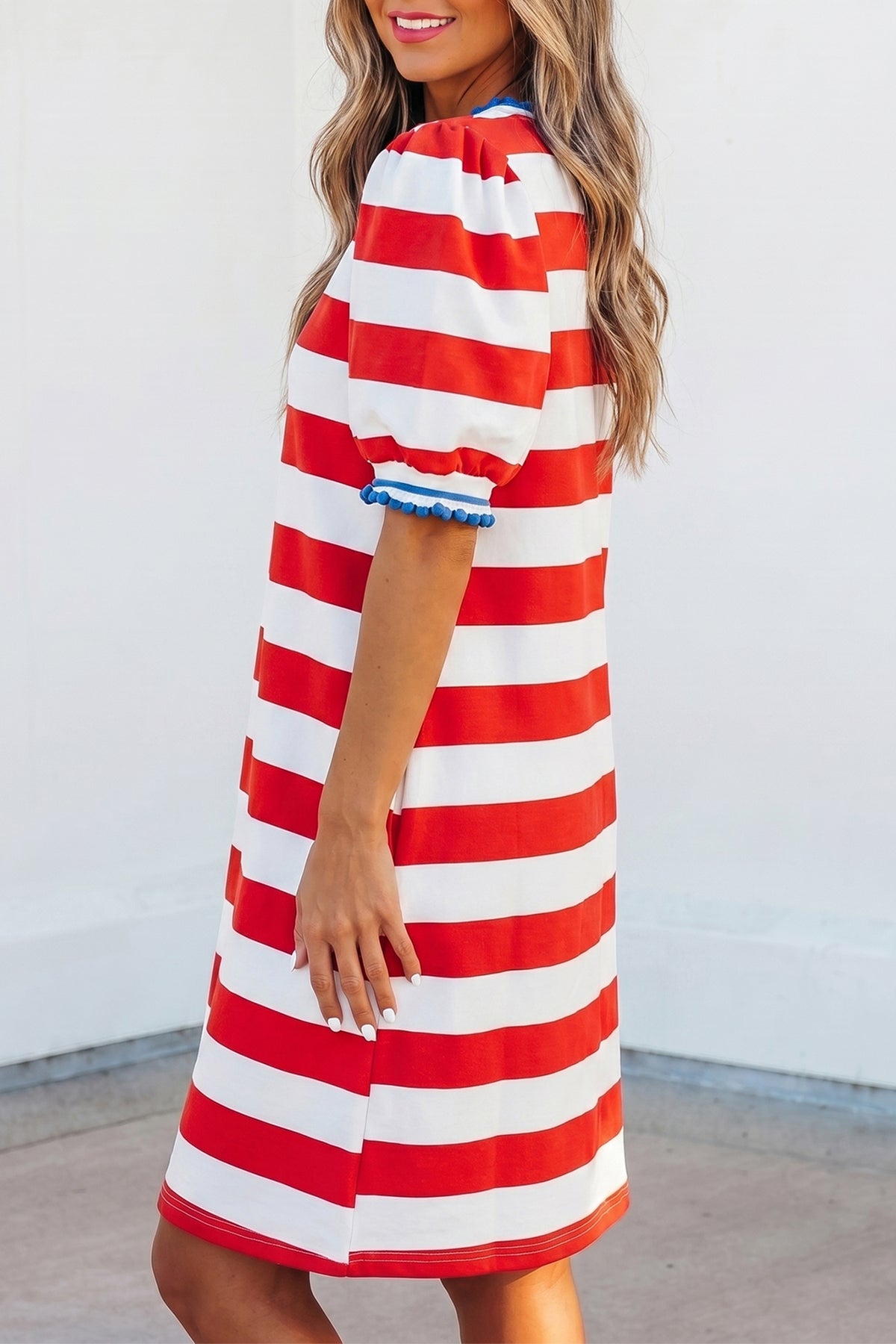 Blue Stripe Round Neck Short Puff Sleeve Shift Mini Dress