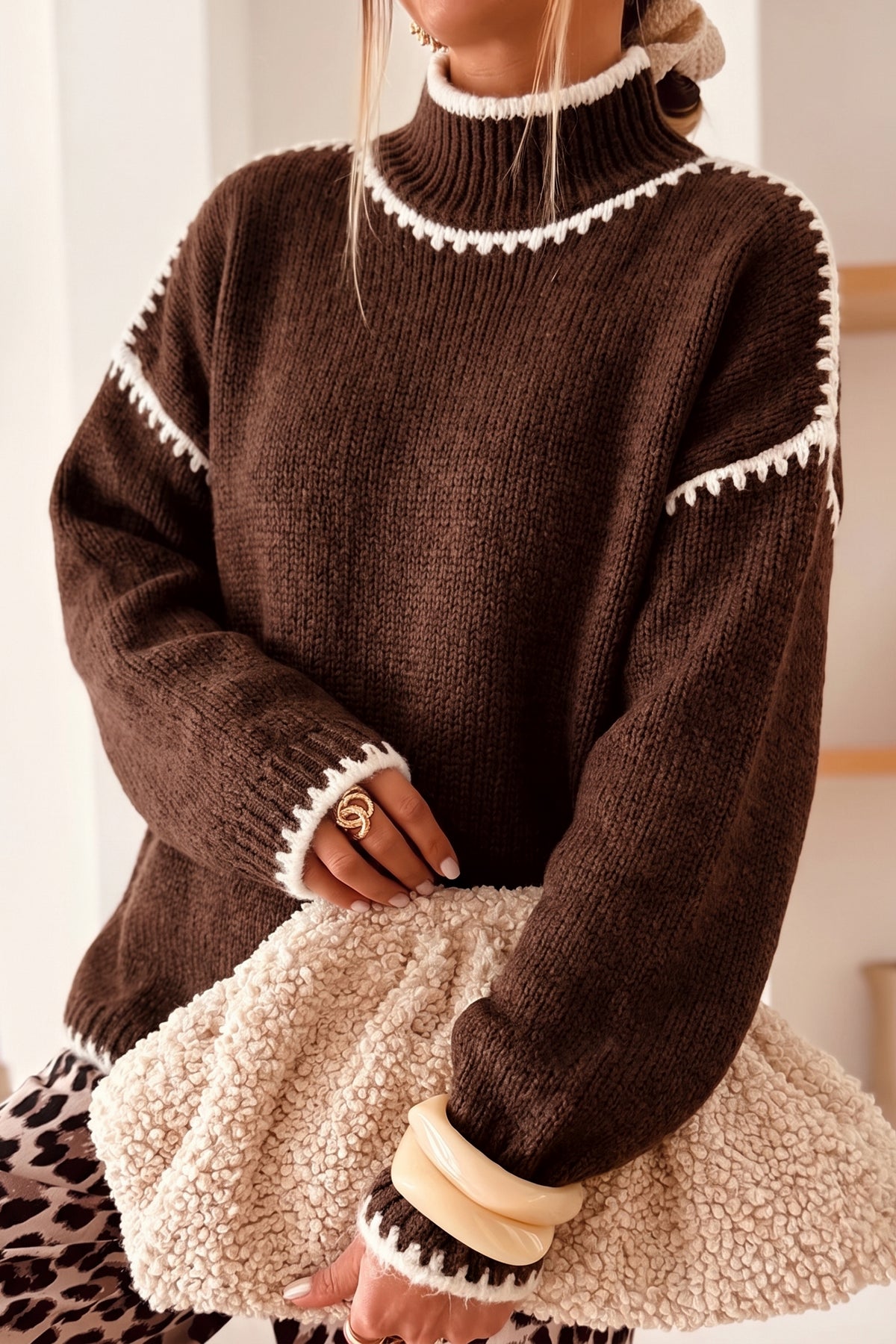 Coffee Contrast Trim Mock Neck Drop Shoulder Sweater