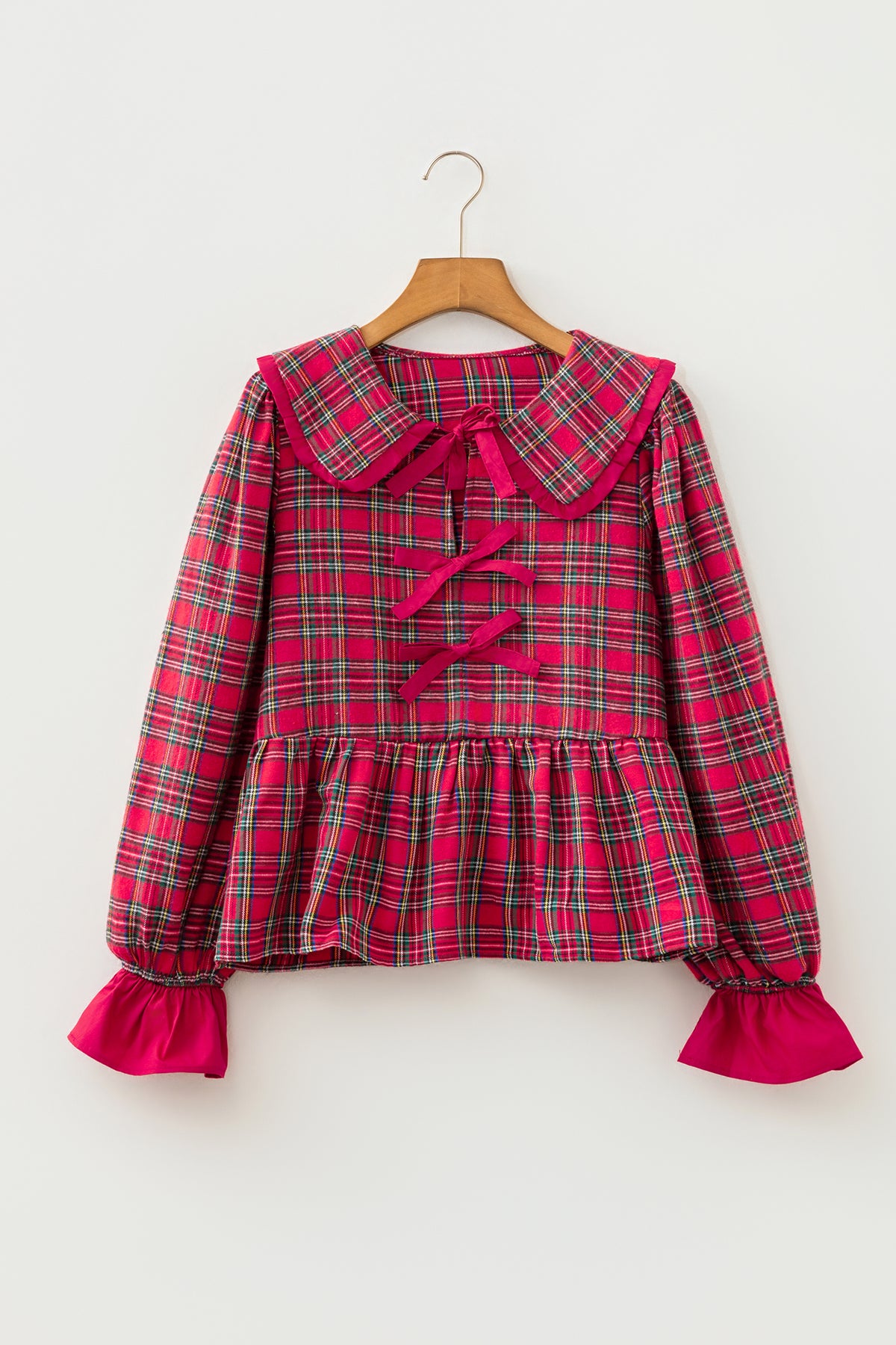 Red Plaid Tie Neck Ruffle Cuffs Shift Blouse