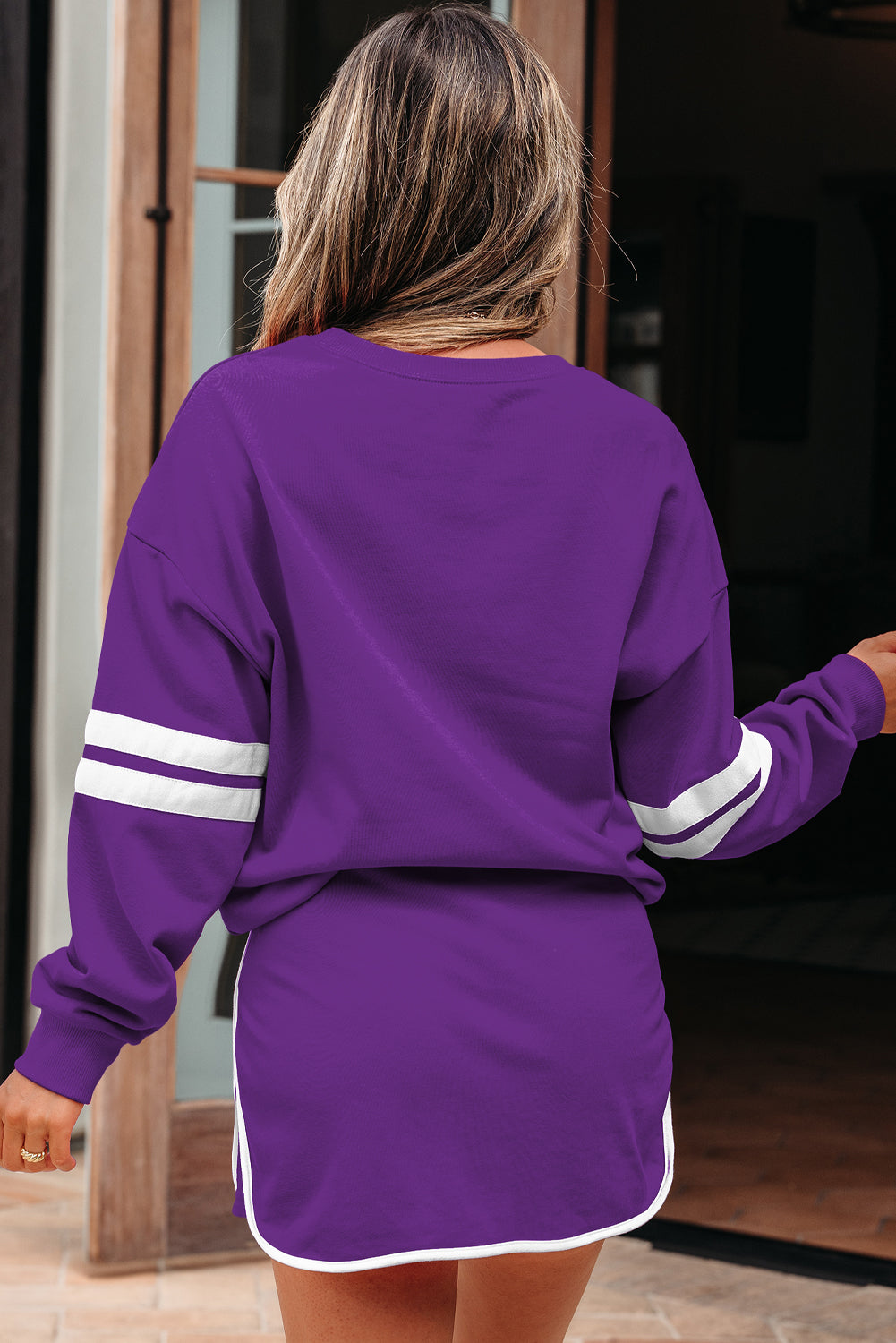 Women's Tillandsia Purple Varsity Stripe Detail Drop Shoulder Pullover Mini Skort Two-Piece Set