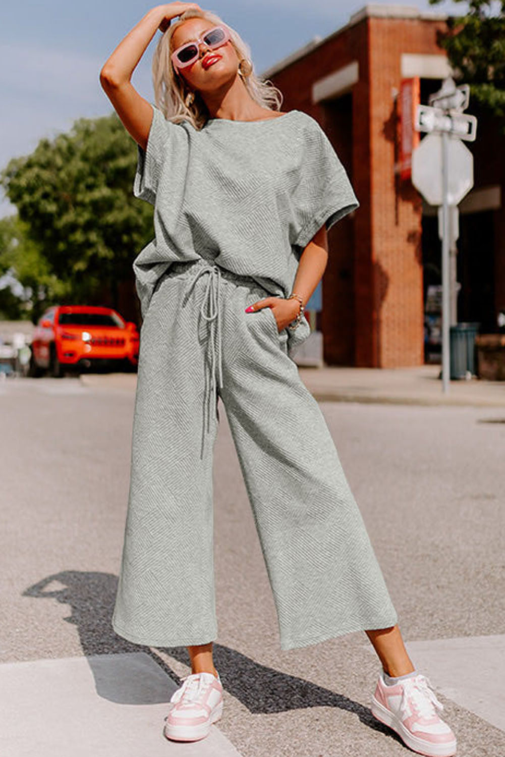 Red Dahlia Textured Loose Fit T Shirt and Drawstring Pants Set