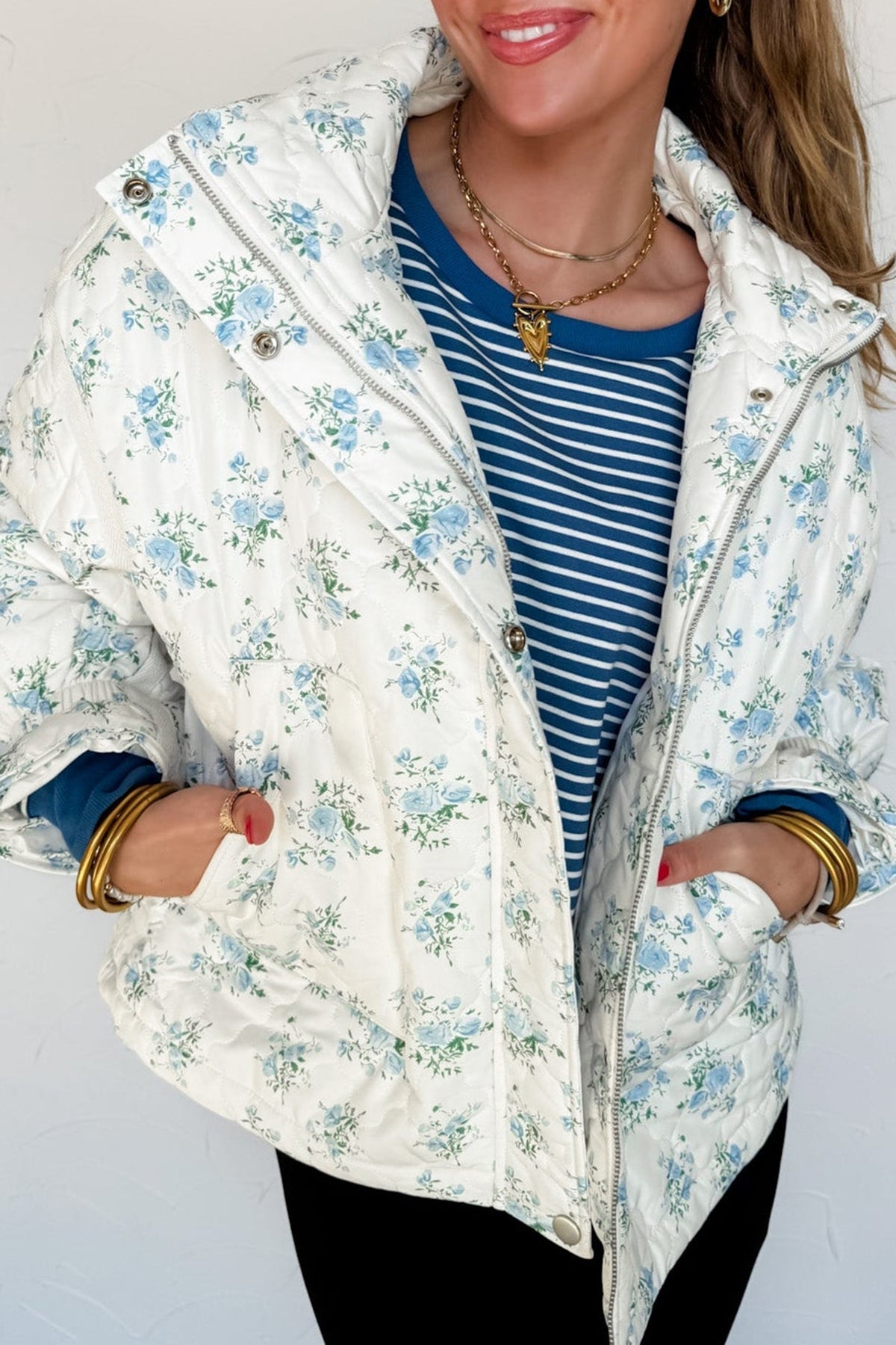 Sky Blue Floral Quilted Flounce Sleeve Puffer Coat