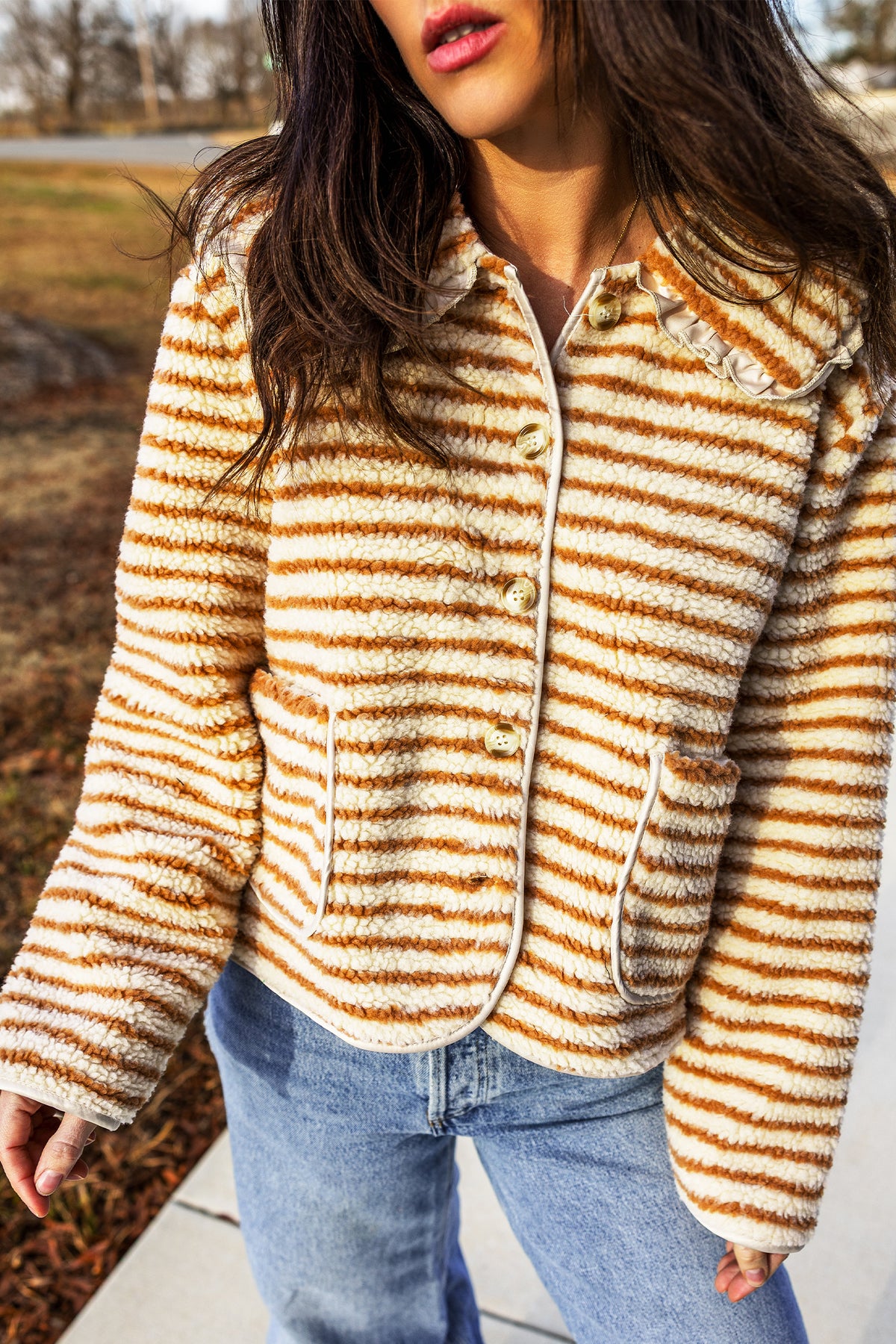 Brown Stripe Fleece Long Sleeve Regular Fit Jacket