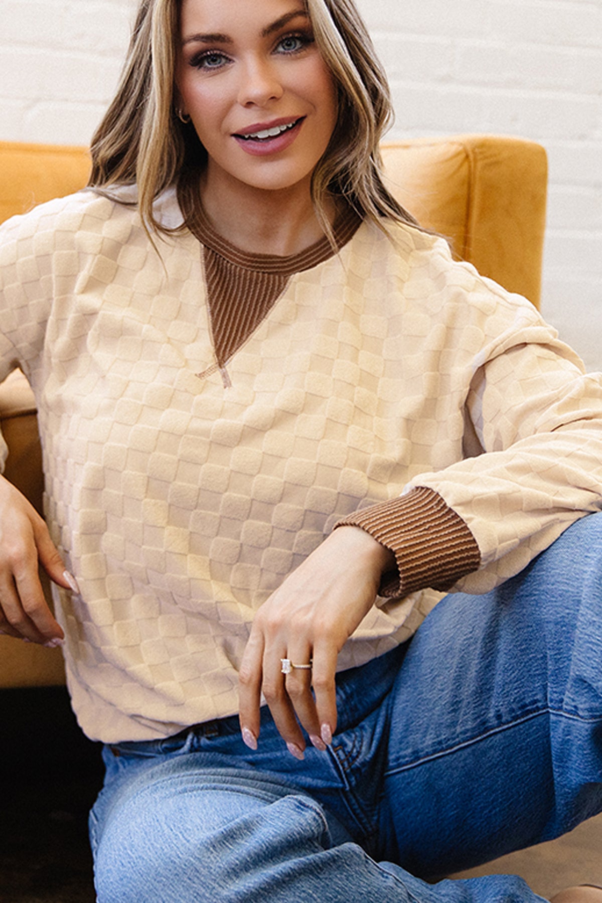 Parchment Plush Checkered Contrast Twisted Rib Top