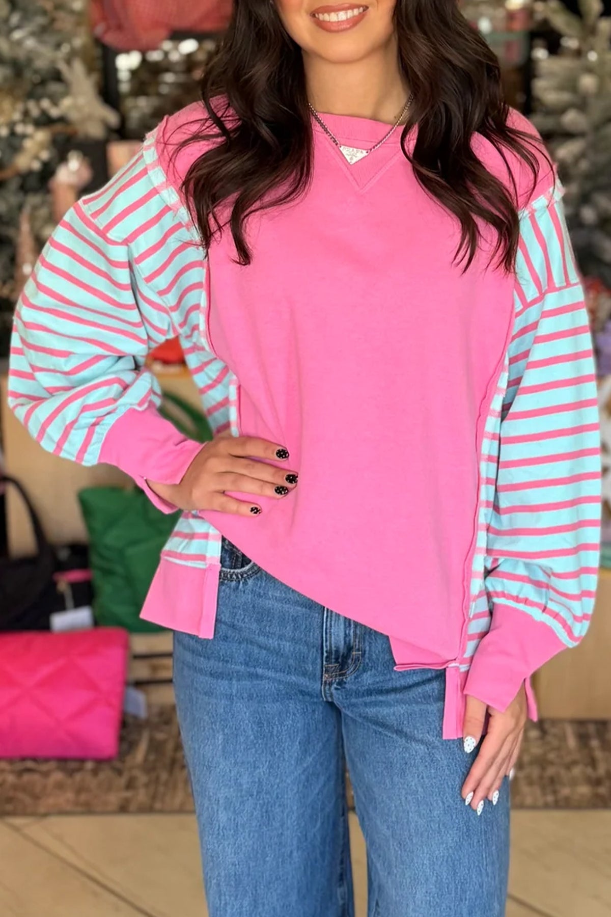 Rose Stripe Color Block Patchwork Split Top