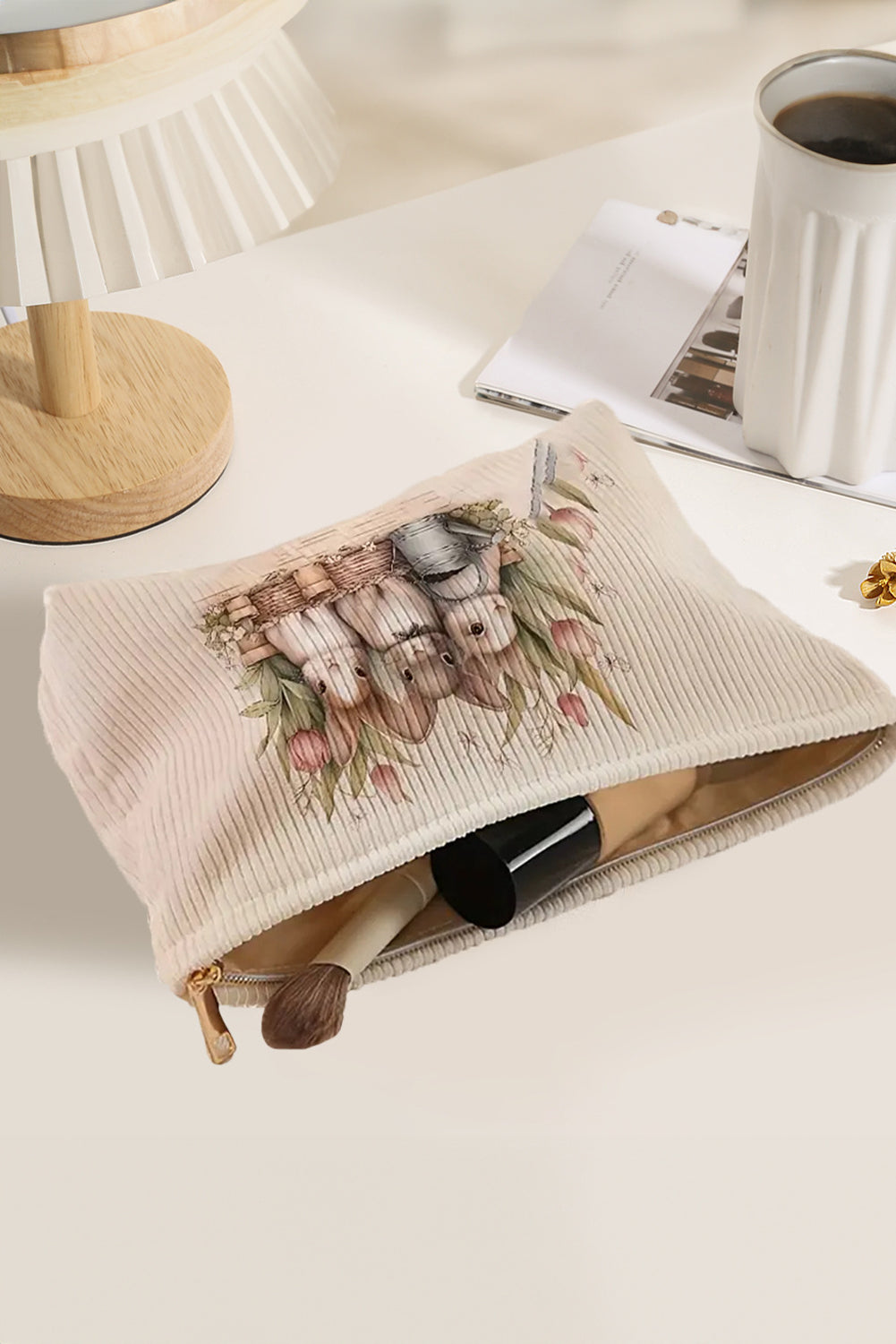 White Easter Bunny Print Corduroy Zipper Cosmetic Bag