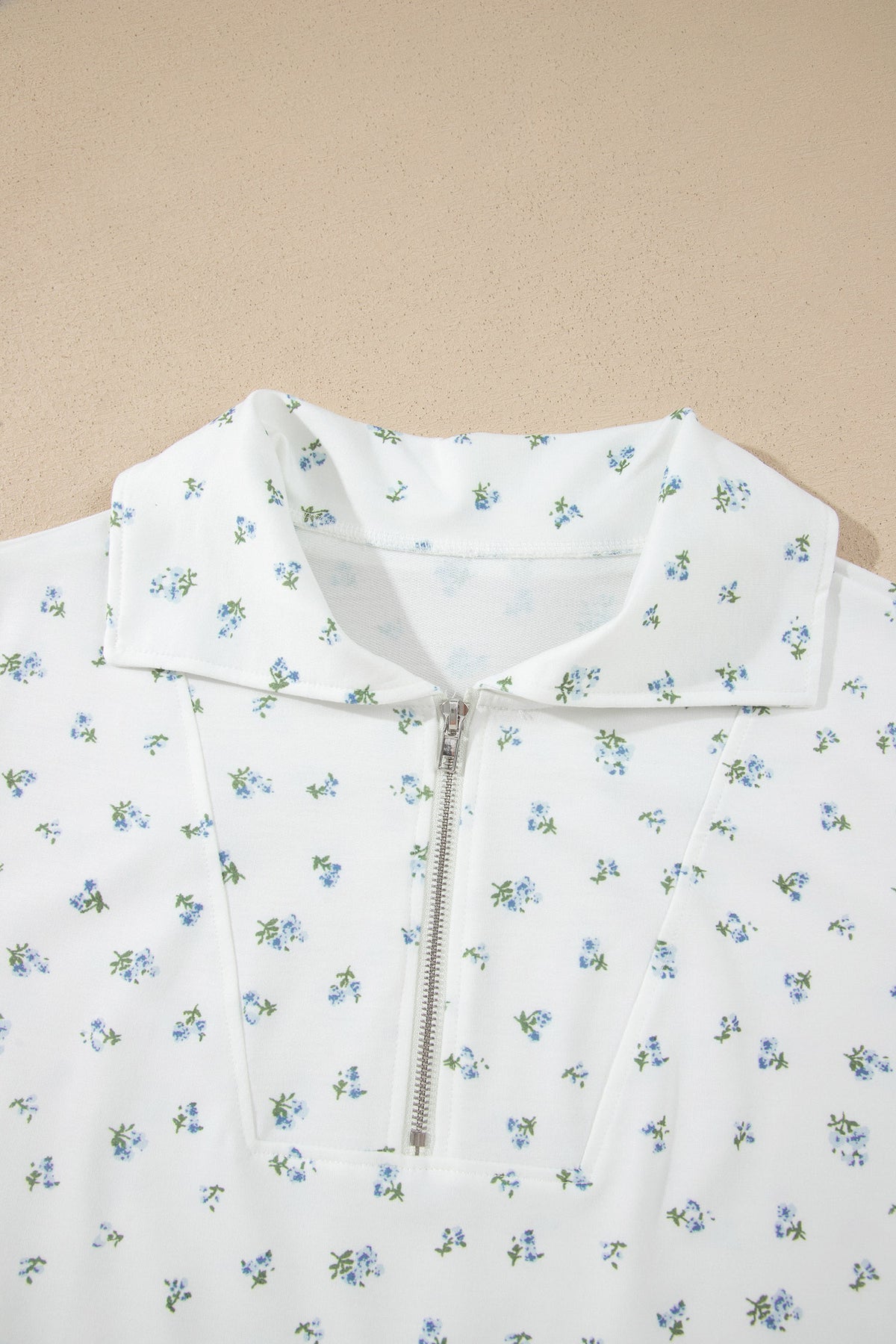 Women's White Floral Print Half Zip Top Matching Shorts Set