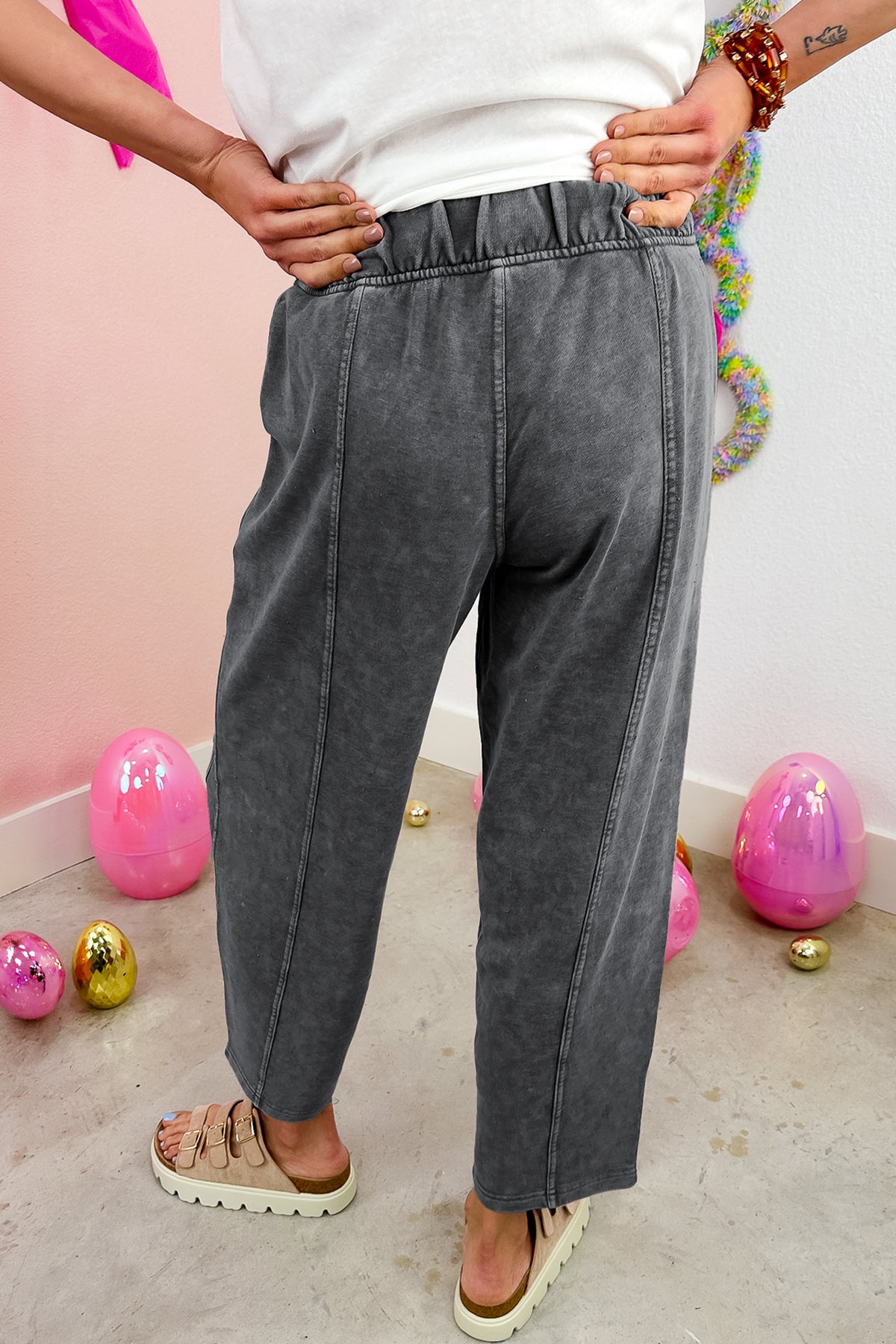 Carbon Grey Mineral Wash Seam Elastic Waist Barrel Pants
