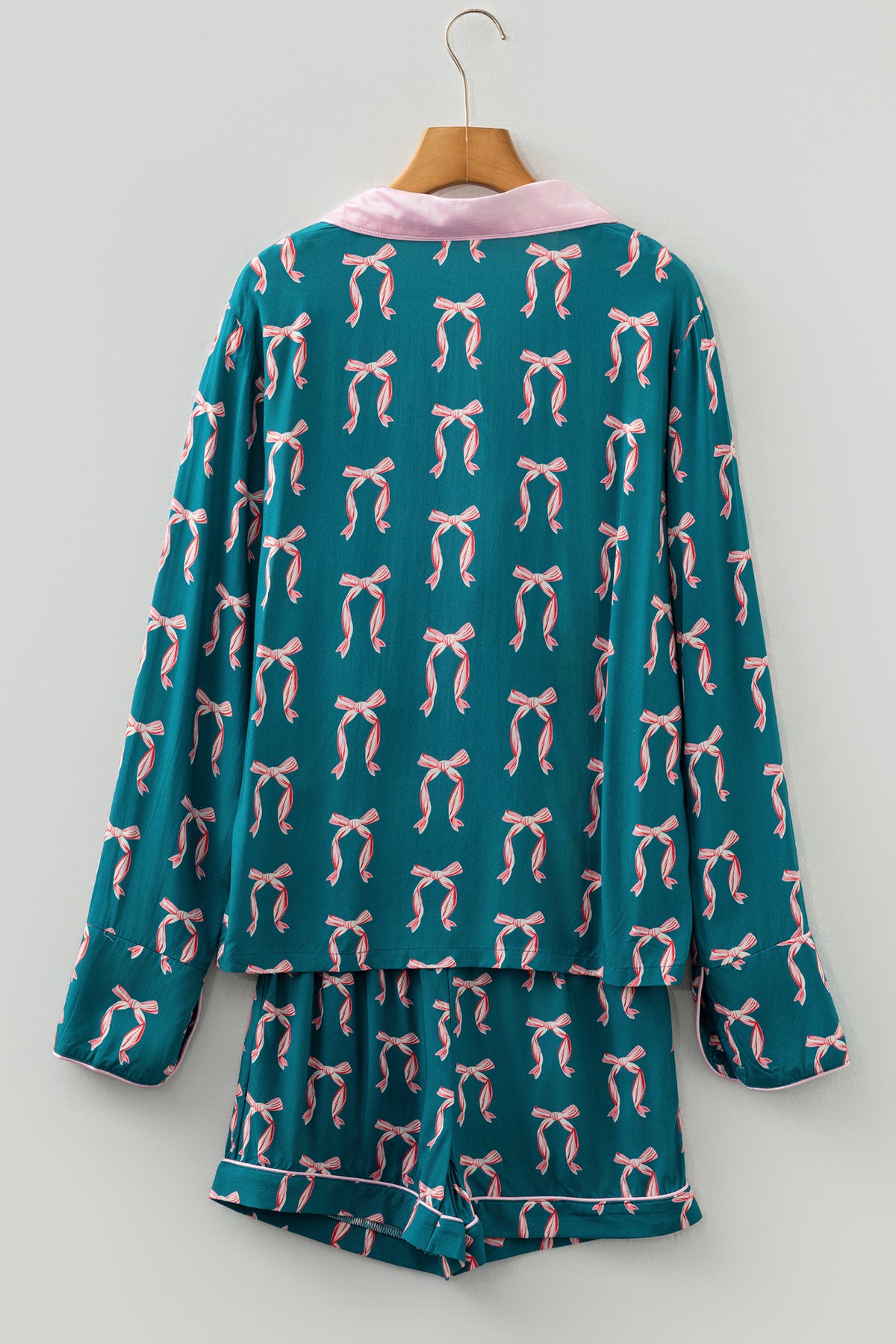 Green Bow Print Silky Long Sleeve Shirt and Shorts Pajama Set
