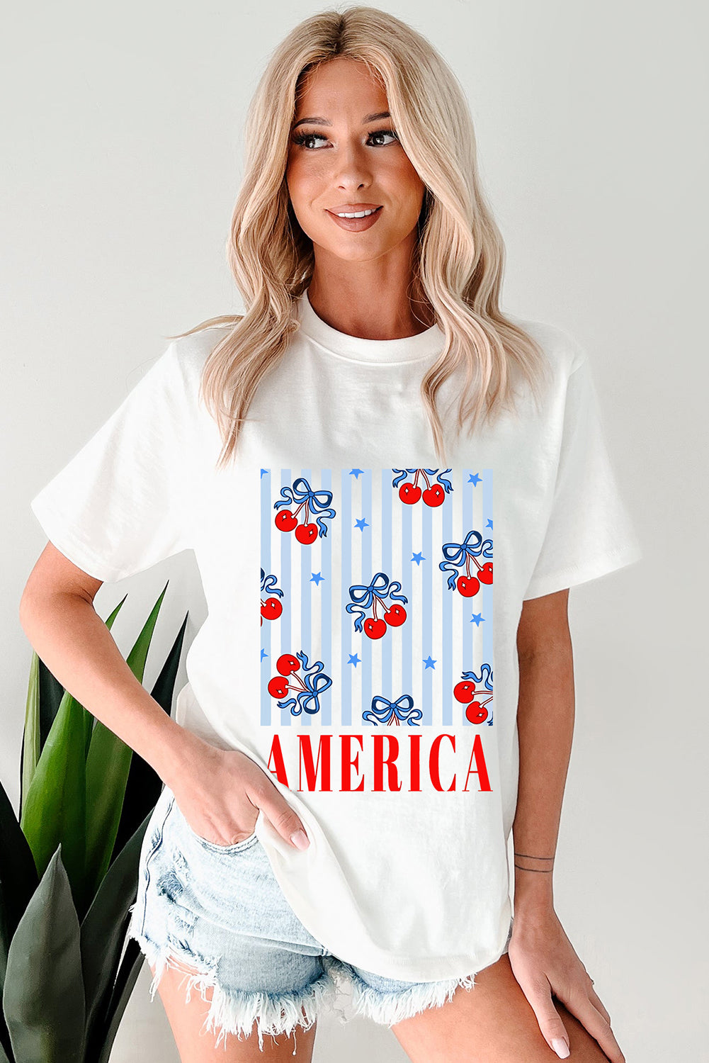 White Bow Cherry AMERICA Graphic Crewneck Patriotic T-Shirt