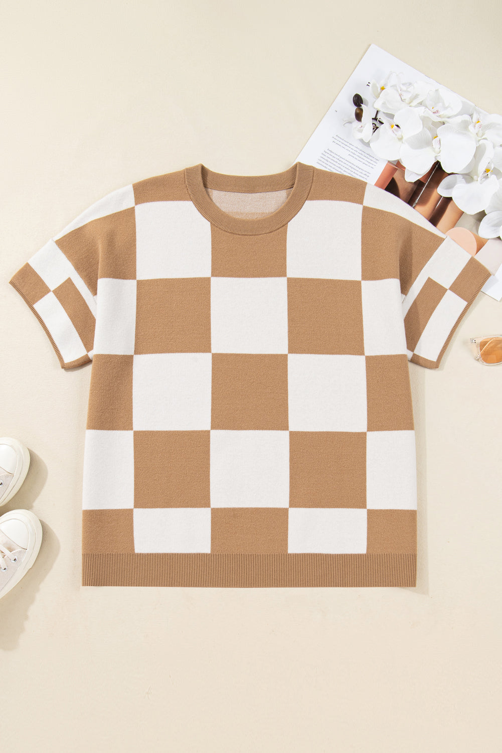 Light French Beige Plus Size Checkered Pattern Knit Short-Sleeve Sweater