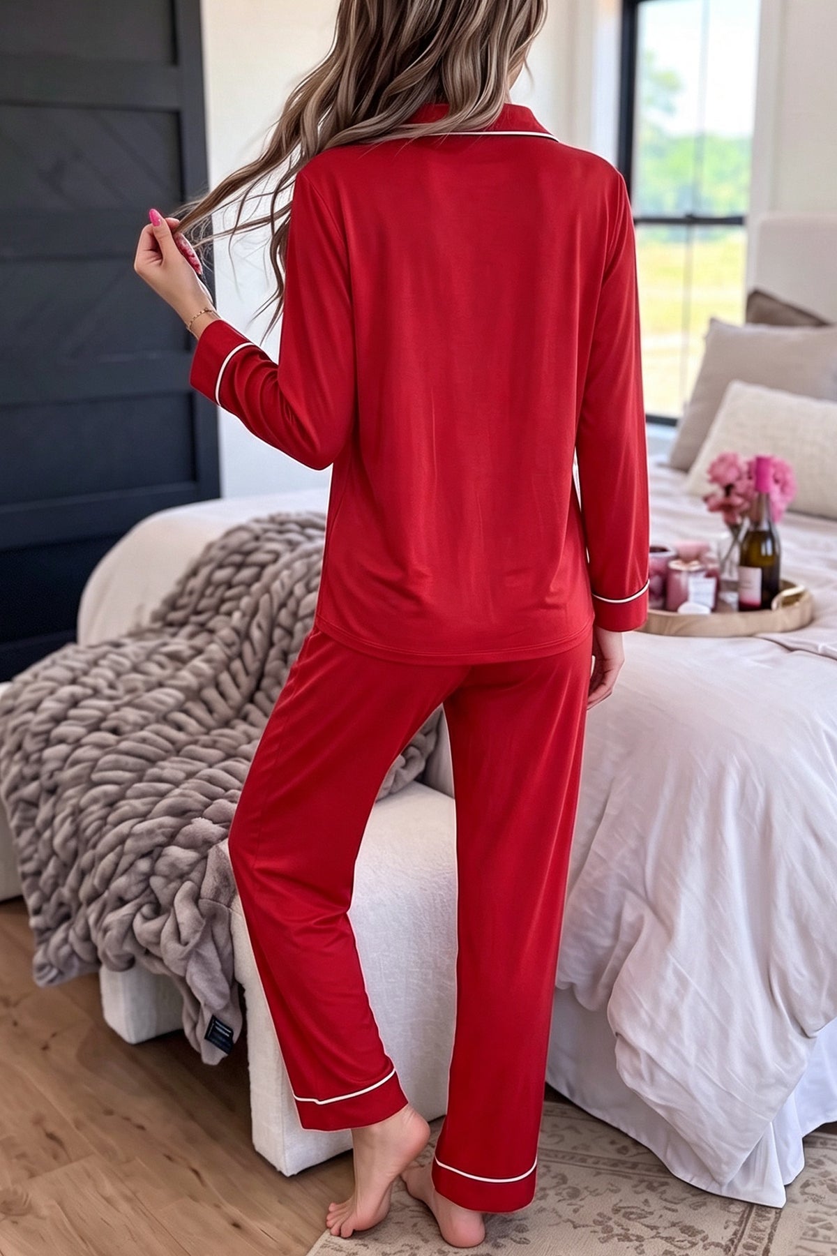 Racing Red Bow Pocket Long Sleeve Pajama Set
