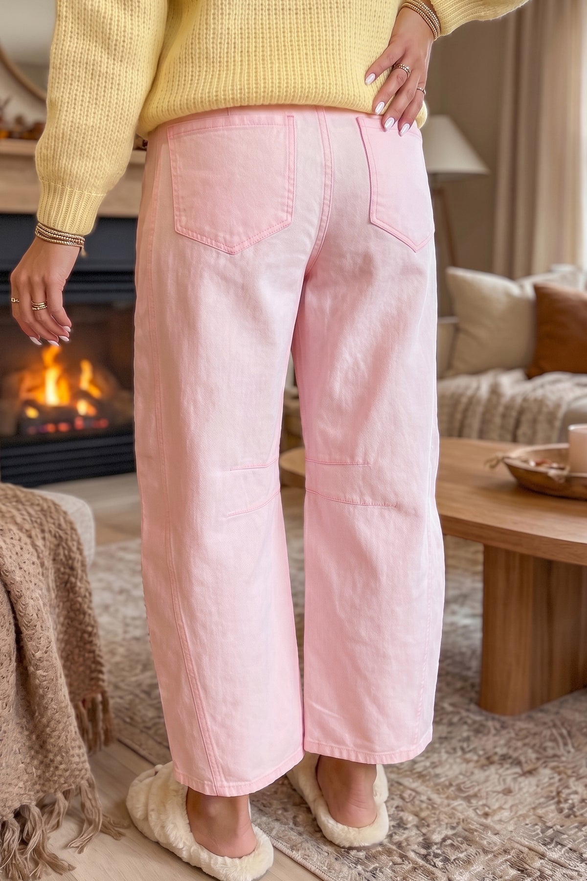 Yellow Solid Grommet Knot Waist Barrel Jeans
