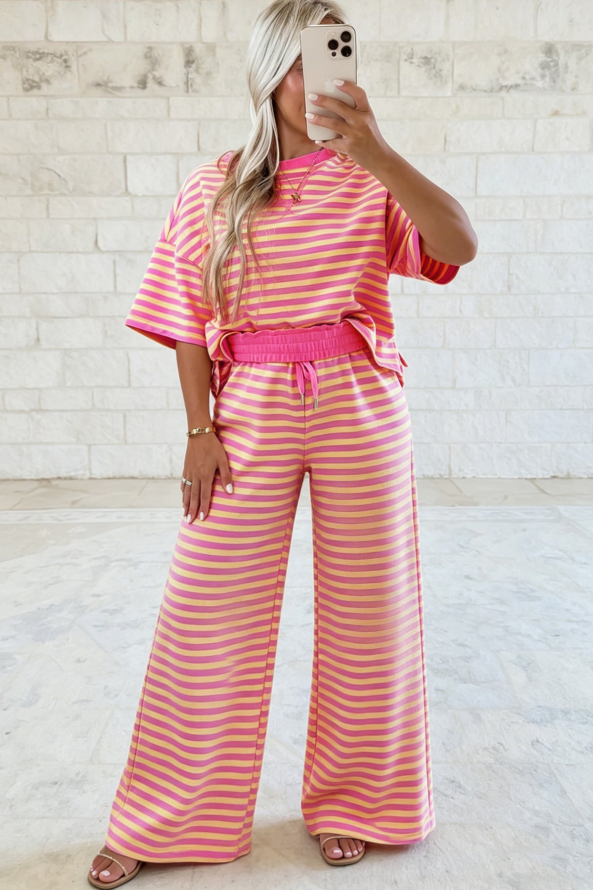 Women's Yellow Stripe Colorblock Trim Crewneck Loose Tee Drawstring Elastic Waist Two-Piece Pants Set